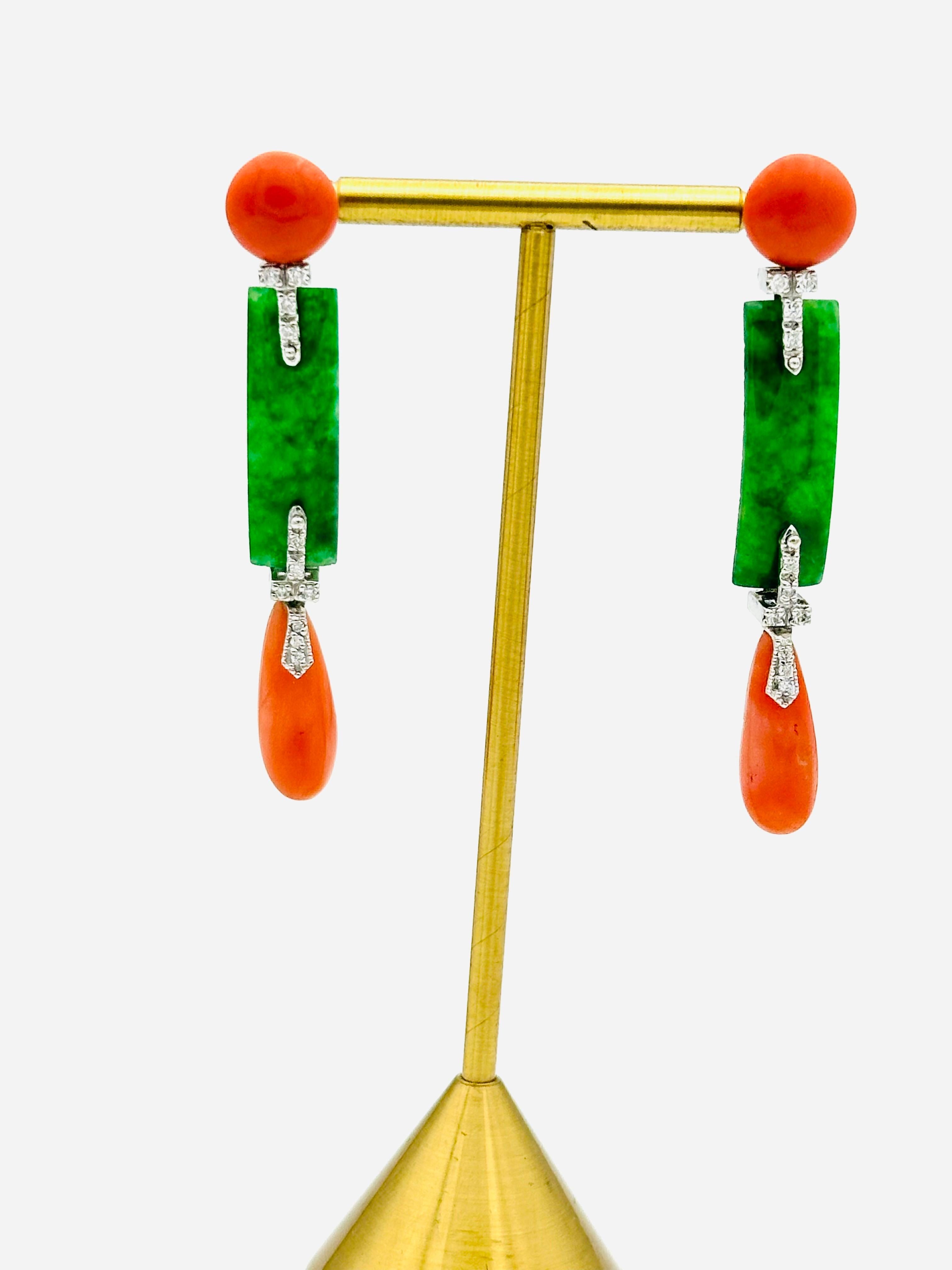 Art Deco Style Coral Jade Diamonds Dangle Earrings I For Sale
