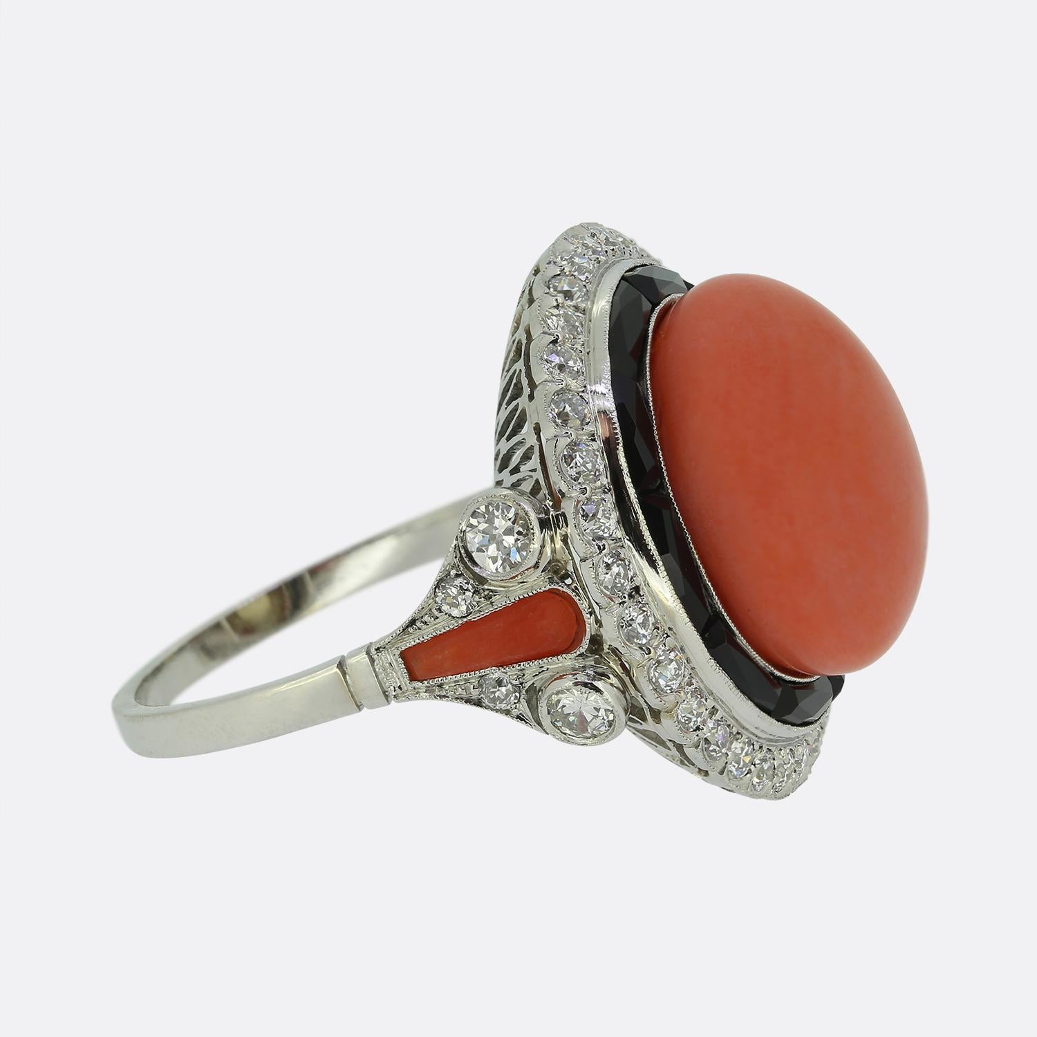 Cabochon Art Deco Style Coral Onyx and Diamond Ring For Sale