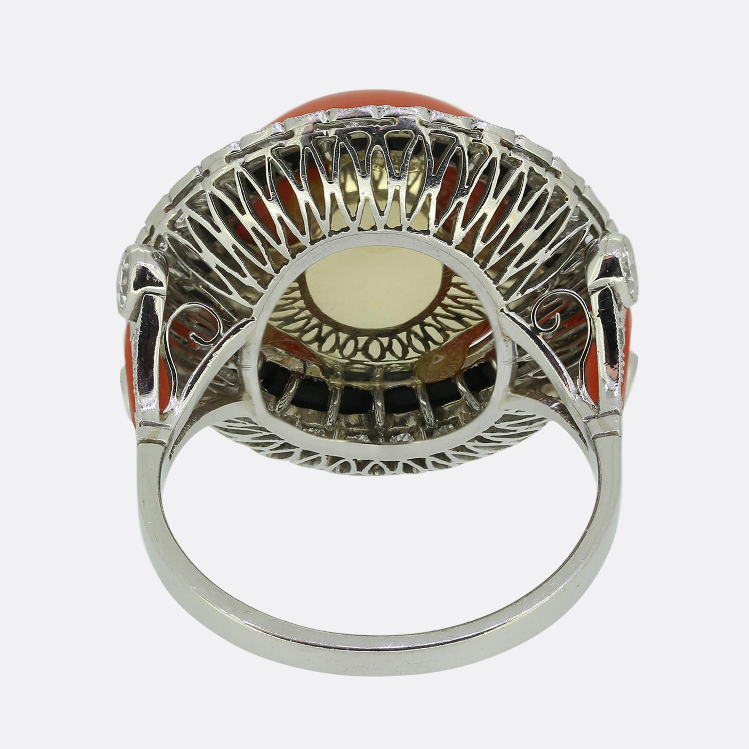 Art Deco Style Coral Onyx and Diamond Ring In Good Condition For Sale In London, GB