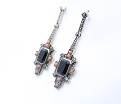 Art Deco Style Coral & Onyx Drop Earrings Set in Silver