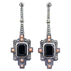 Art Deco Style Coral & Onyx Drop Earrings Set in Silver