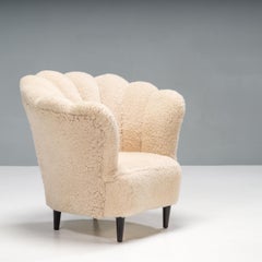 Art Deco Danish Cream Shearling Bouclé Scalloped Armchair