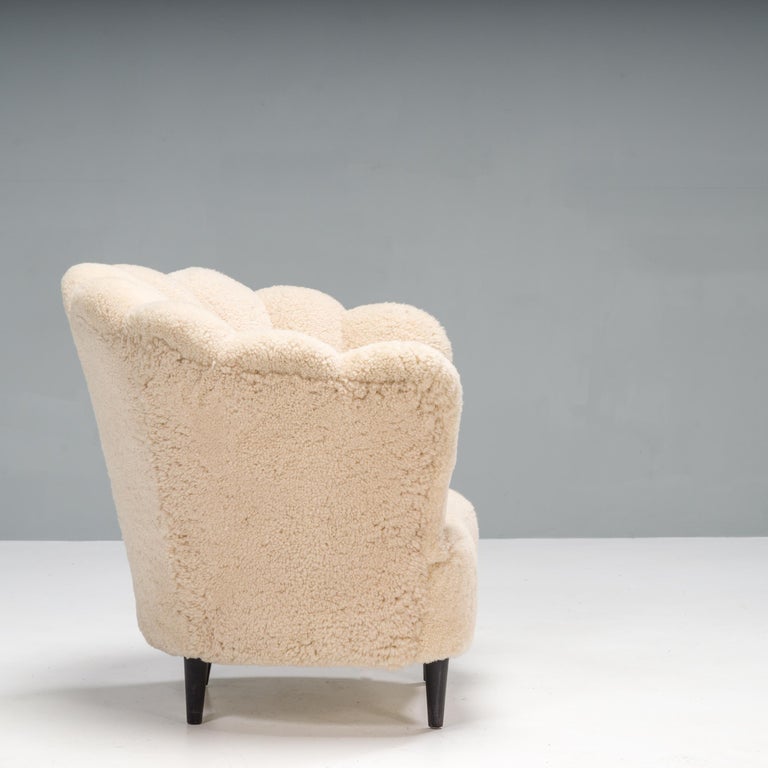 Art Deco Danish Cream Shearling Bouclé Scalloped Armchair In Good Condition For Sale In London, GB