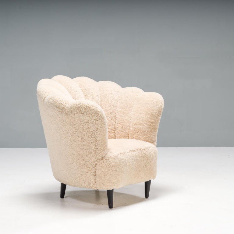 Art Deco Style Cream Shearling Bouclé Scalloped Armchairs, Set of 2 For Sale 5