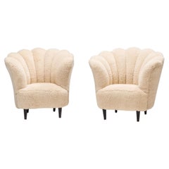Antique Art Deco Style Cream Shearling Bouclé Scalloped Armchairs, Set of 2