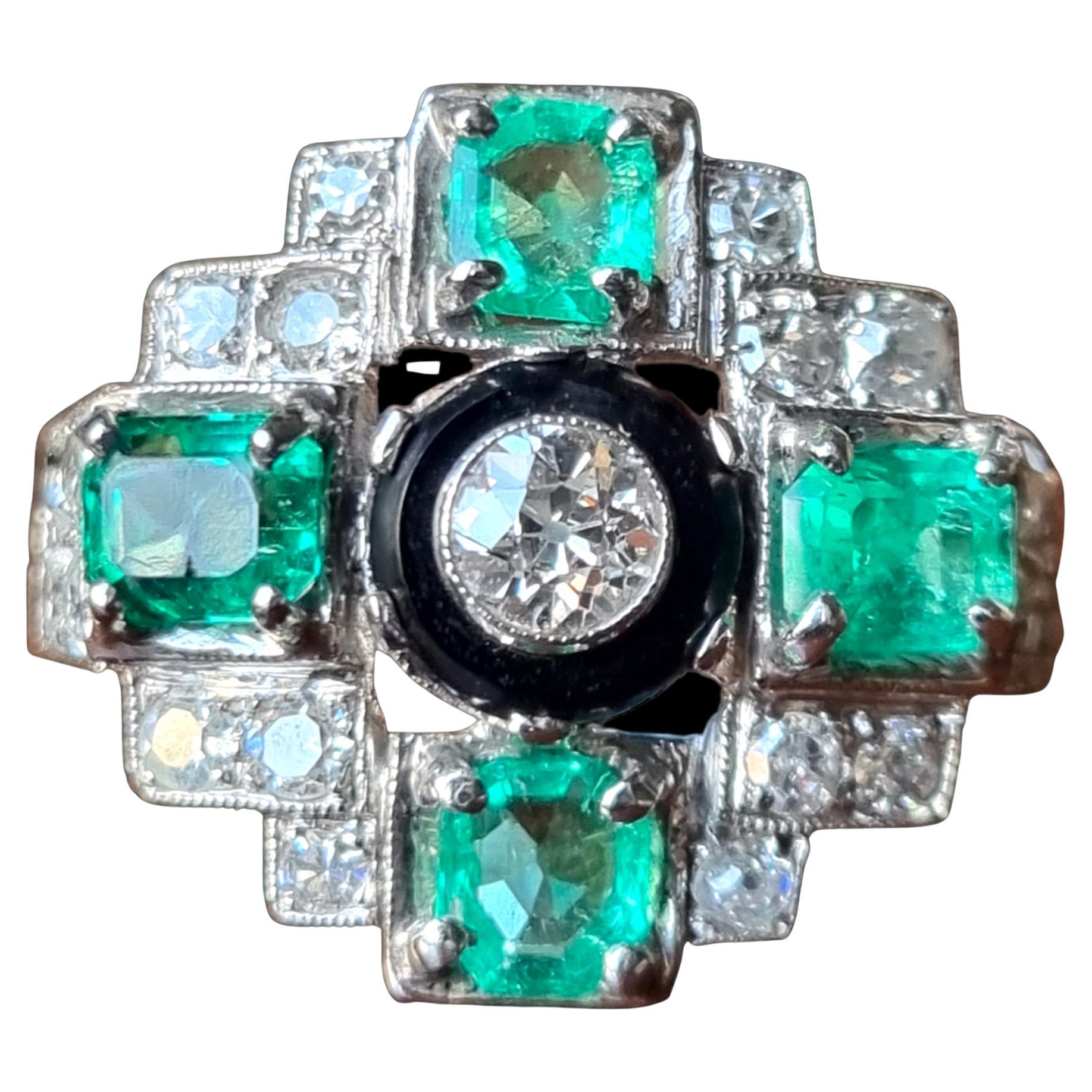 Art-Deco Style Cross Shaped Design Emerald, Diamond and Onyx Cocktail Ring For Sale