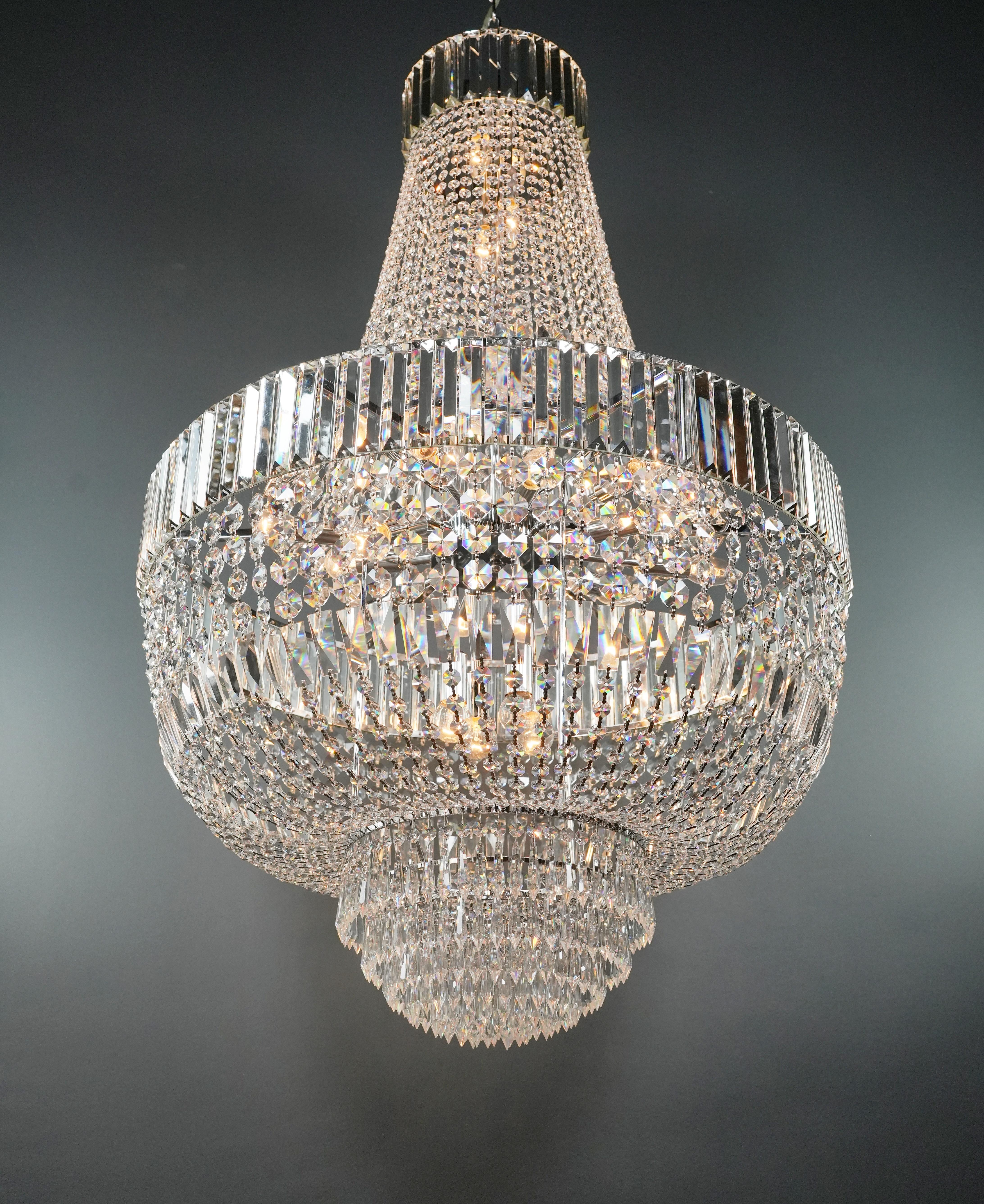 German Art Deco Style Crystal Chandelier Empire Sac a Pearl Palace Lamp Chrome For Sale