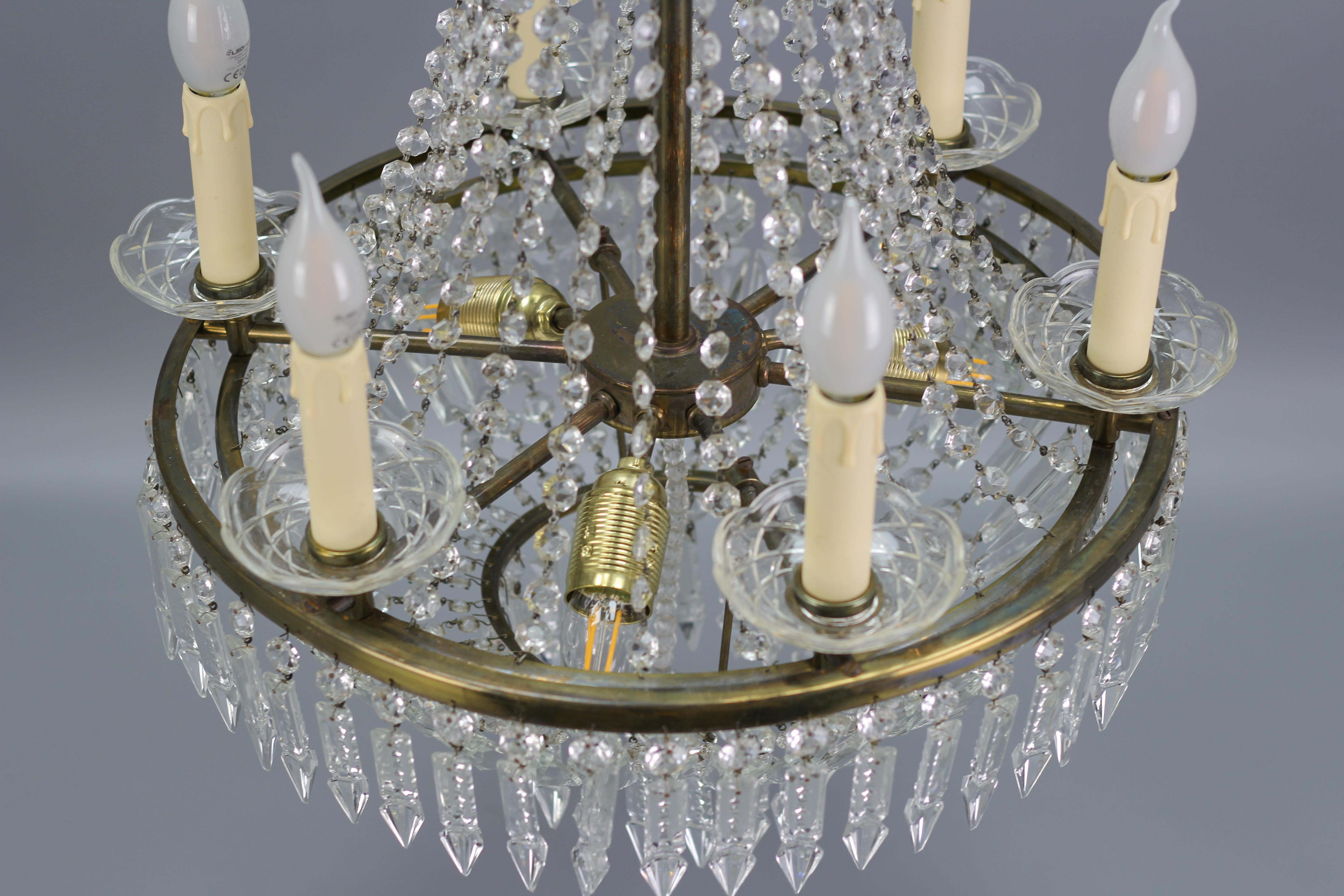 Art Deco Style Crystal Glass and Brass Nine-Light Basket Chandelier For Sale 2