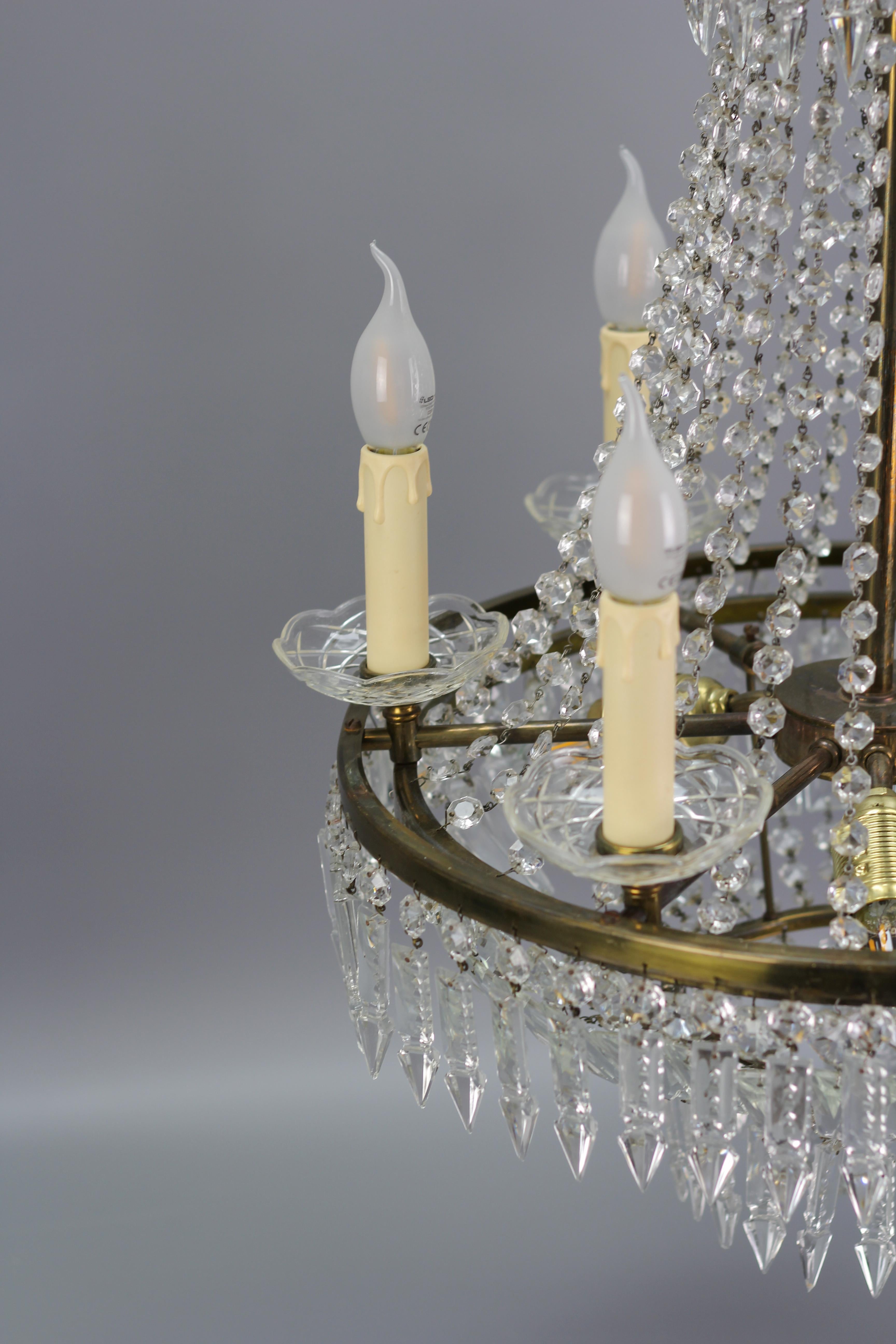 Art Deco Style Crystal Glass and Brass Nine-Light Basket Chandelier For Sale 3