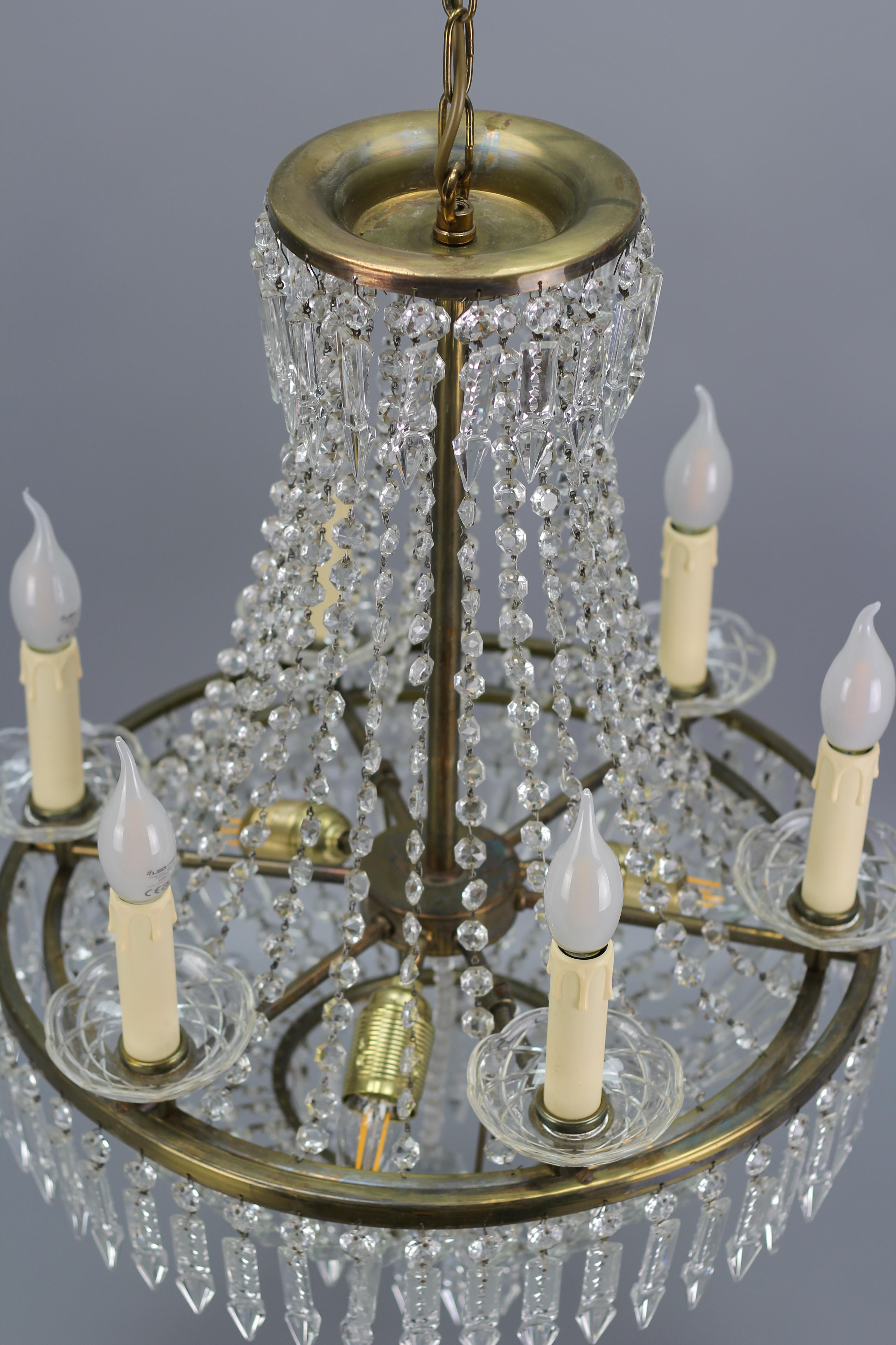 Art Deco Style Crystal Glass and Brass Nine-Light Basket Chandelier For Sale 4