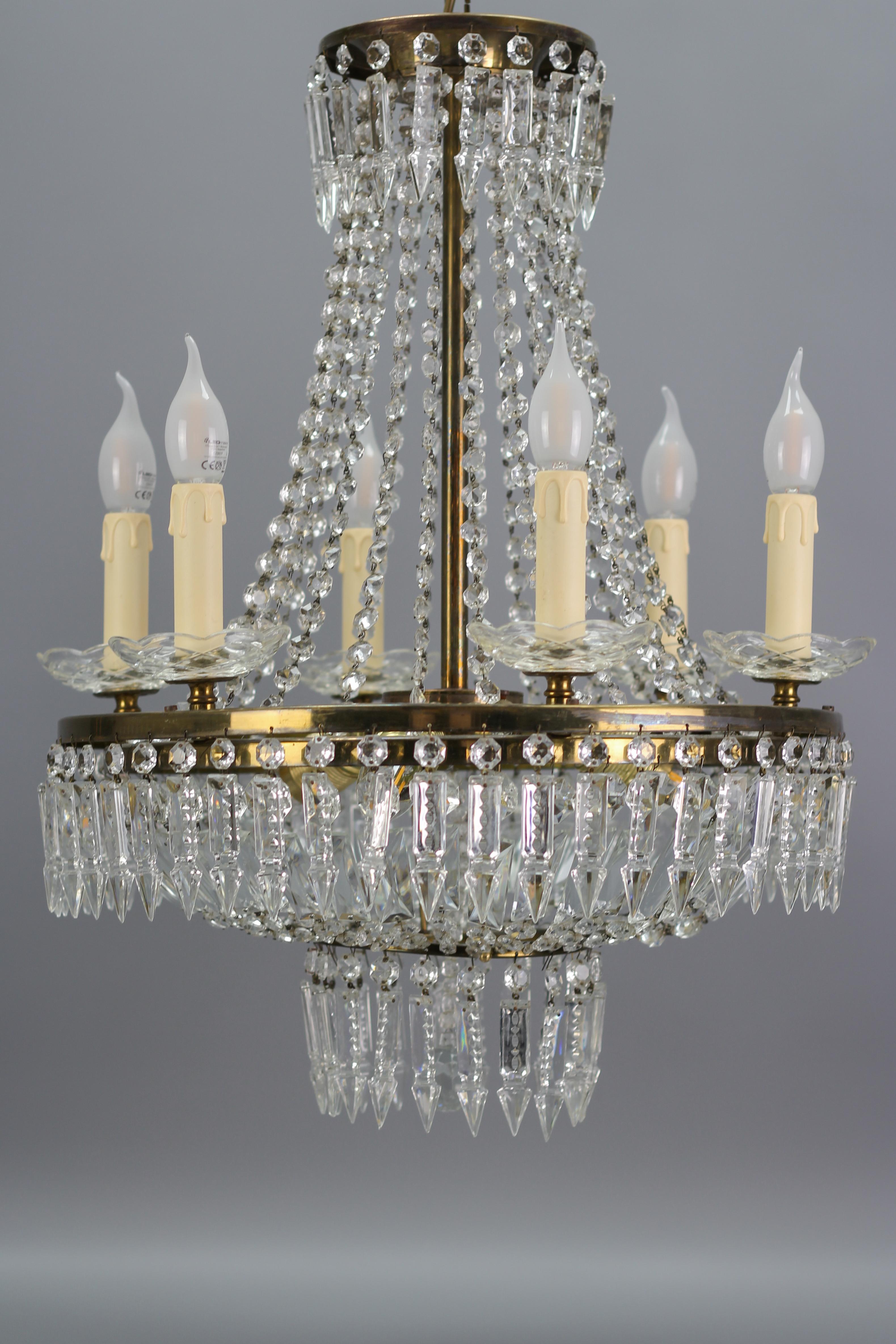 Art Deco Style Crystal Glass and Brass Nine-Light Basket Chandelier For Sale 6