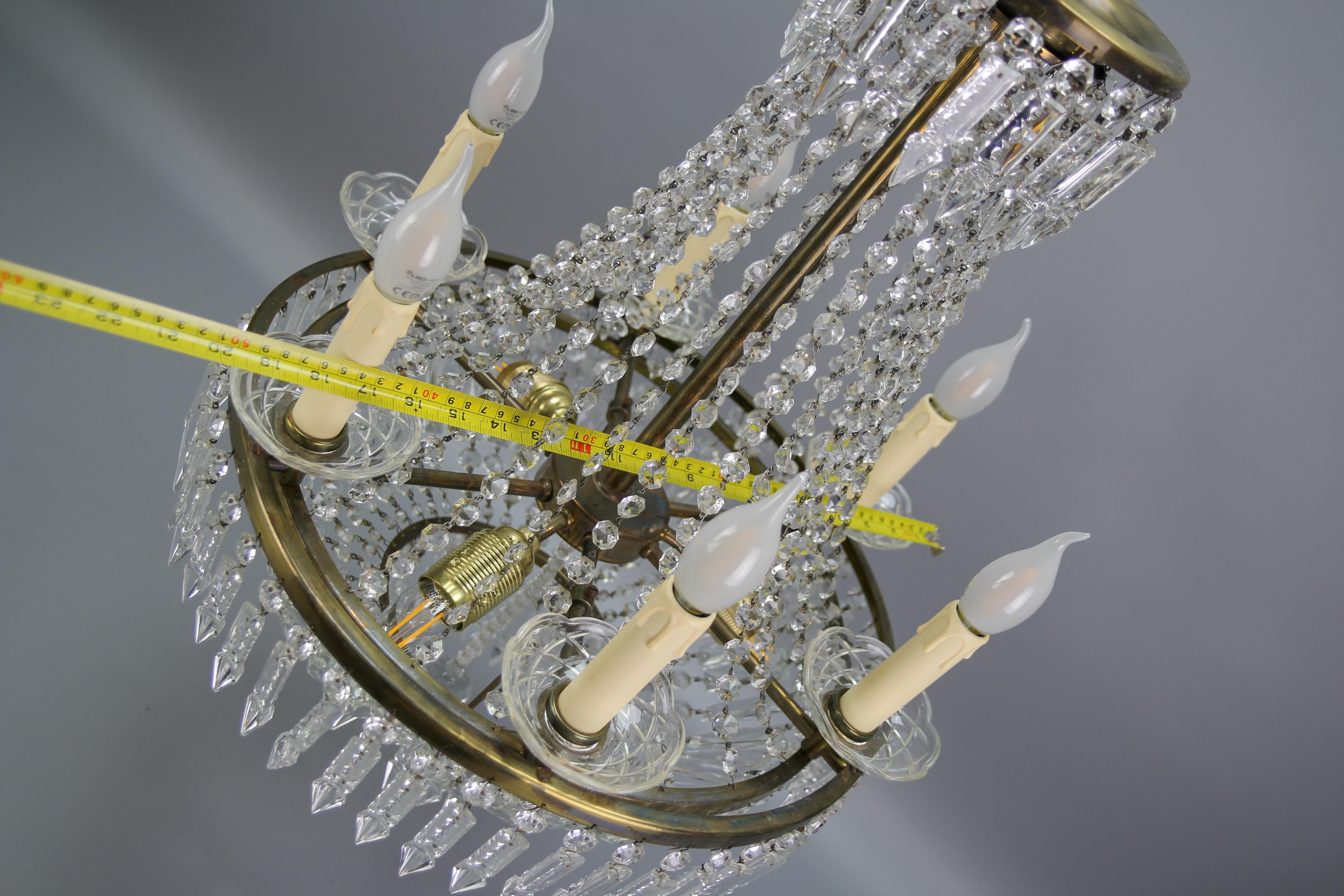 Art Deco Style Crystal Glass and Brass Nine-Light Basket Chandelier For Sale 11