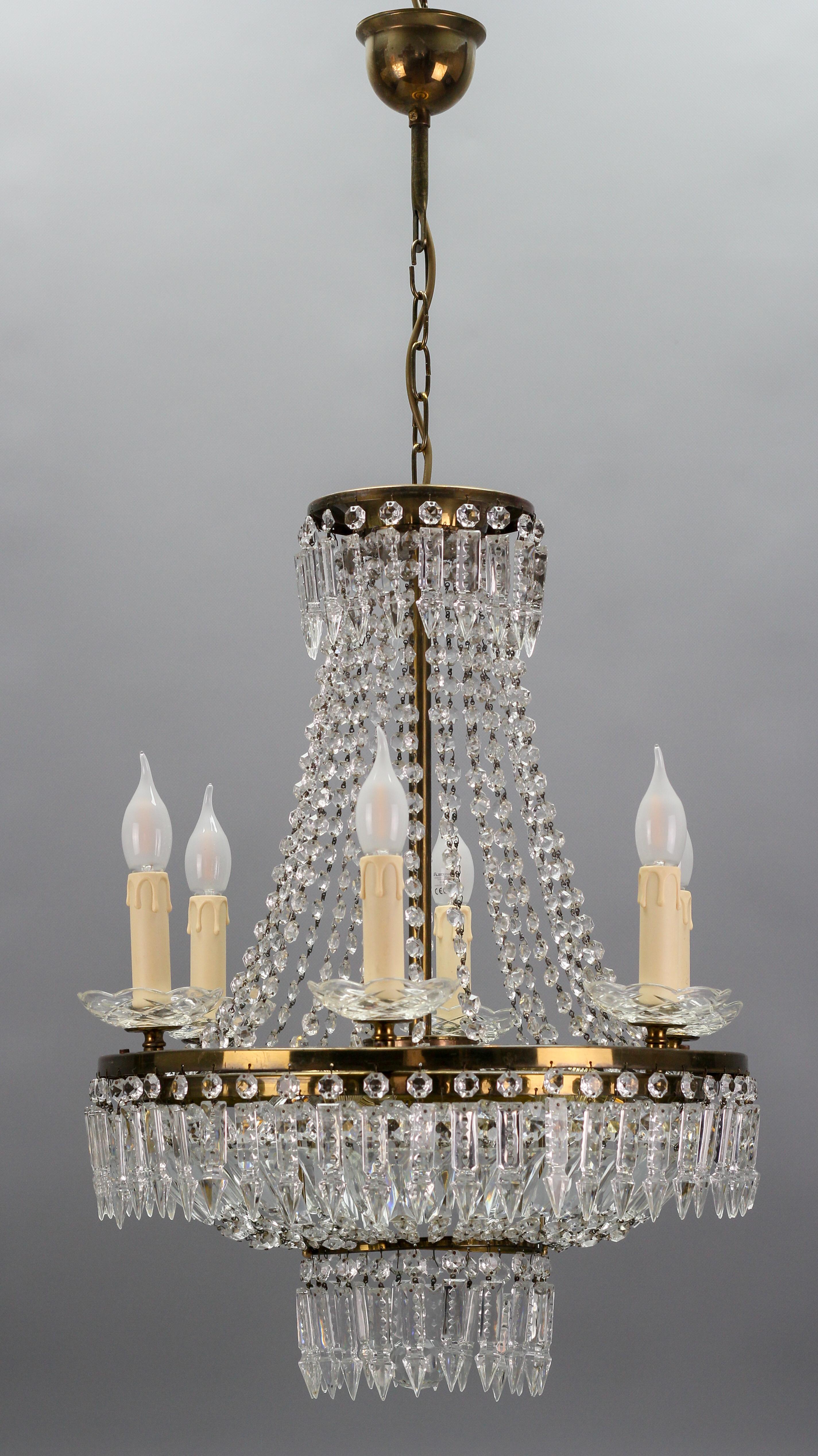 French Art Deco Style Crystal Glass and Brass Nine-Light Basket Chandelier For Sale