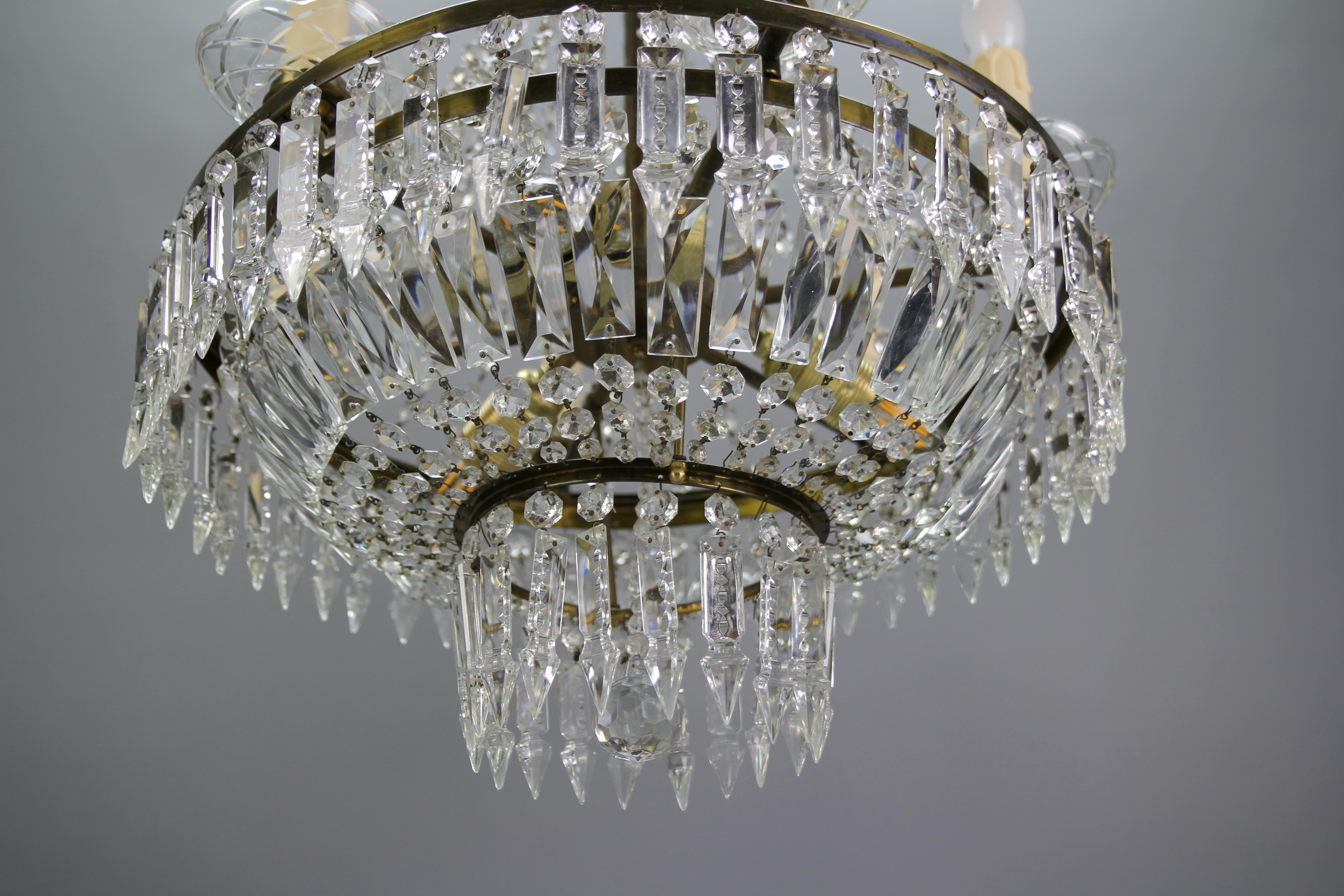 20th Century Art Deco Style Crystal Glass and Brass Nine-Light Basket Chandelier For Sale