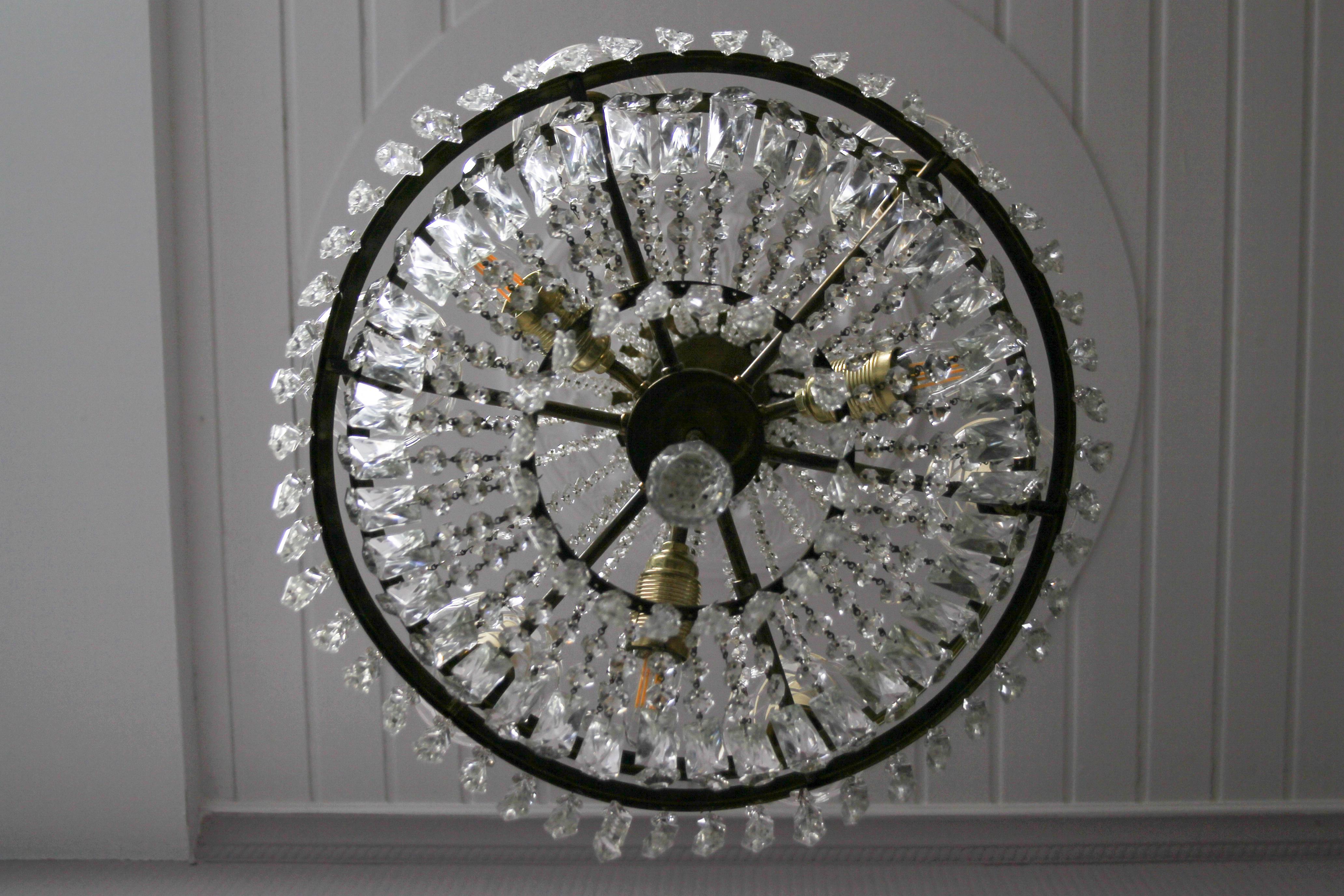 Metal Art Deco Style Crystal Glass and Brass Nine-Light Basket Chandelier For Sale