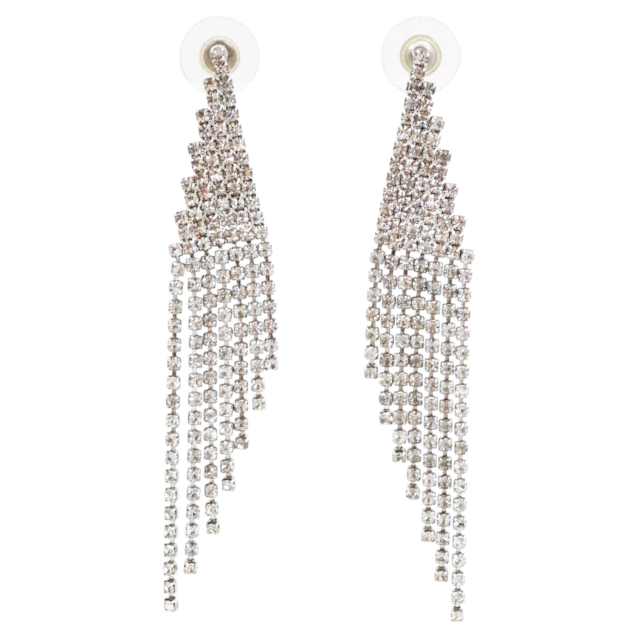 Art Deco Style Crystal Rhinestone Fringe Chandelier Earrings, 1970s