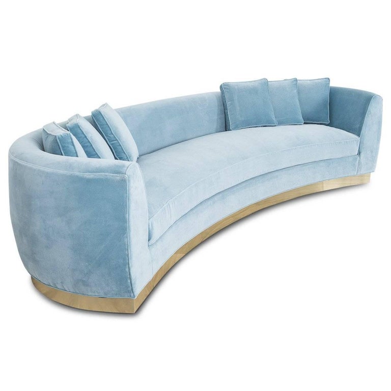 Art Deco Style Curved Sofa in Velvet Upholstery with Brass Toekick