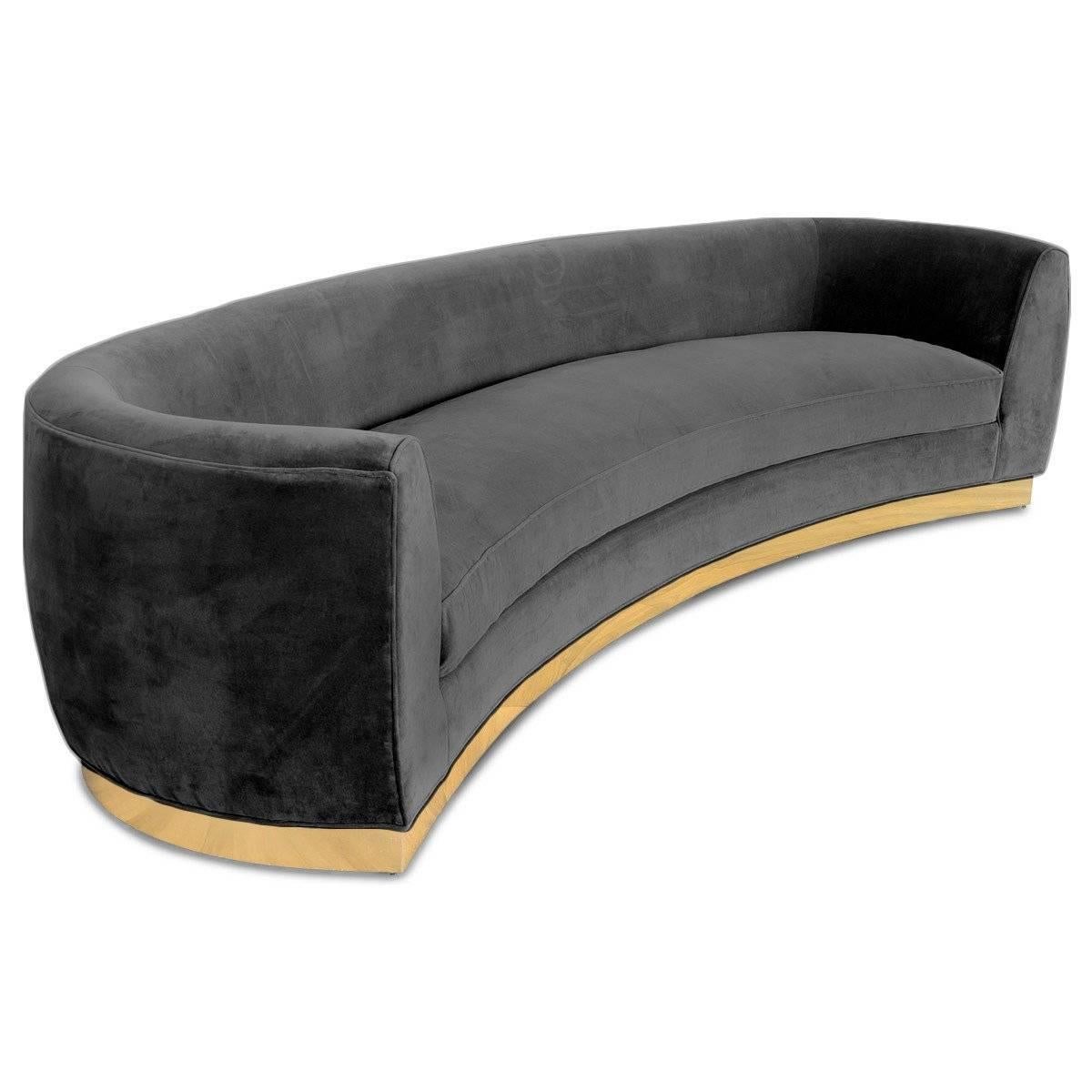 Art Deco Style Curved Sofa in Velvet Upholstery with Brass Toe-kick Base 10 foot For Sale 2