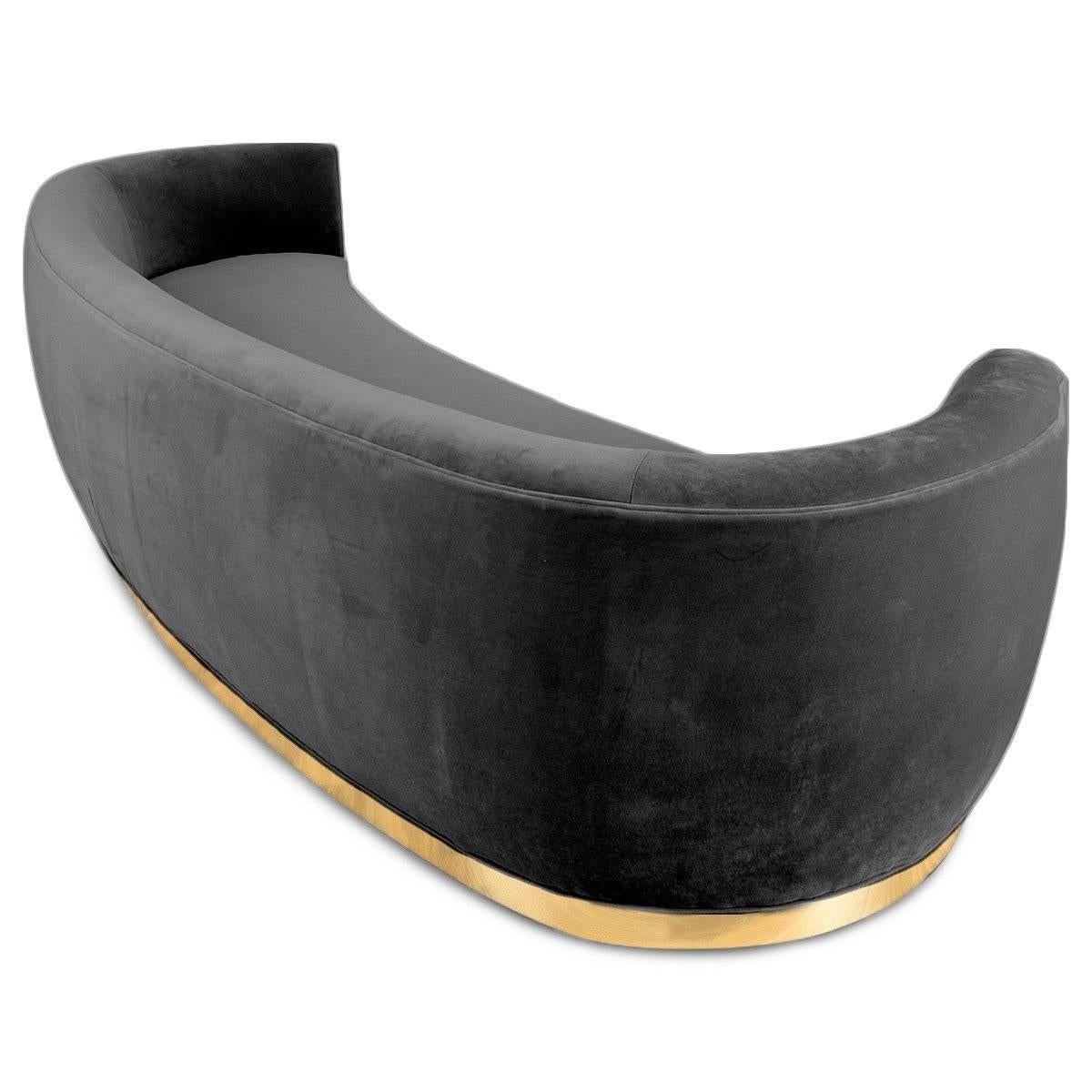 Art Deco Style Curved Sofa in Velvet Upholstery with Brass Toe-kick Base 10 foot For Sale 3