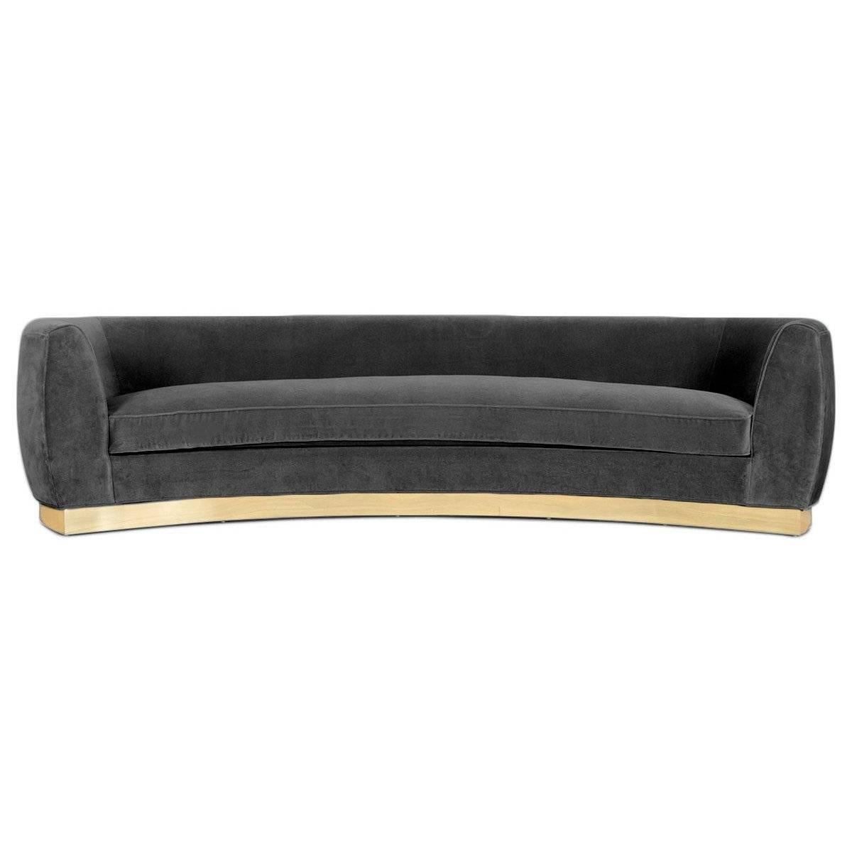 Art Deco Style Curved Sofa in Velvet Upholstery with Brass Toe-kick Base 10 foot For Sale 4