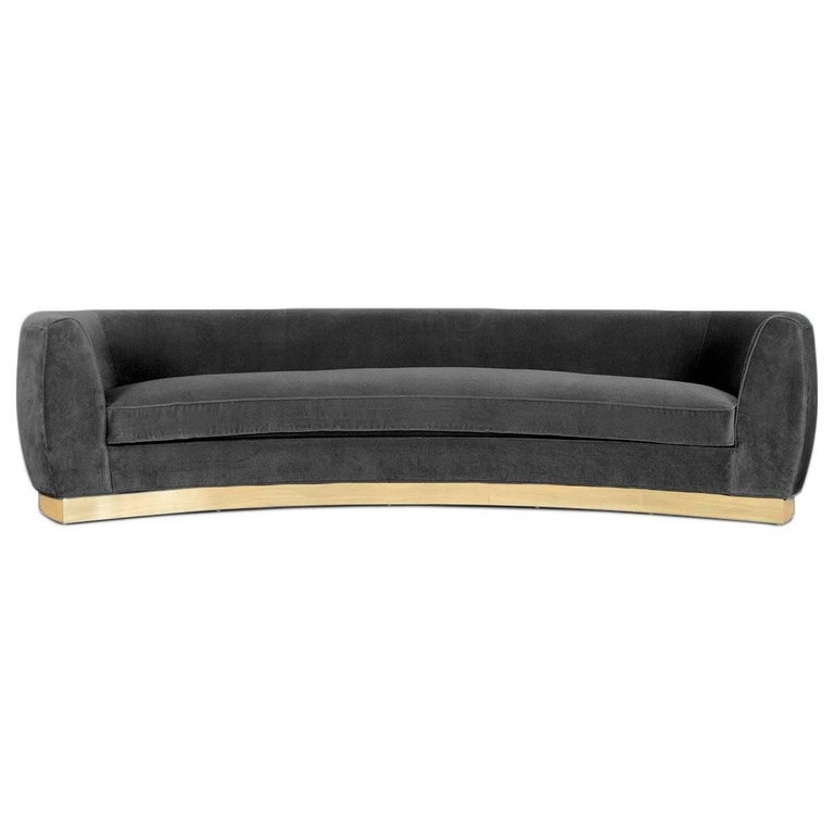 Art Deco Style Curved Sofa In Velvet Upholstery With Brass Toe