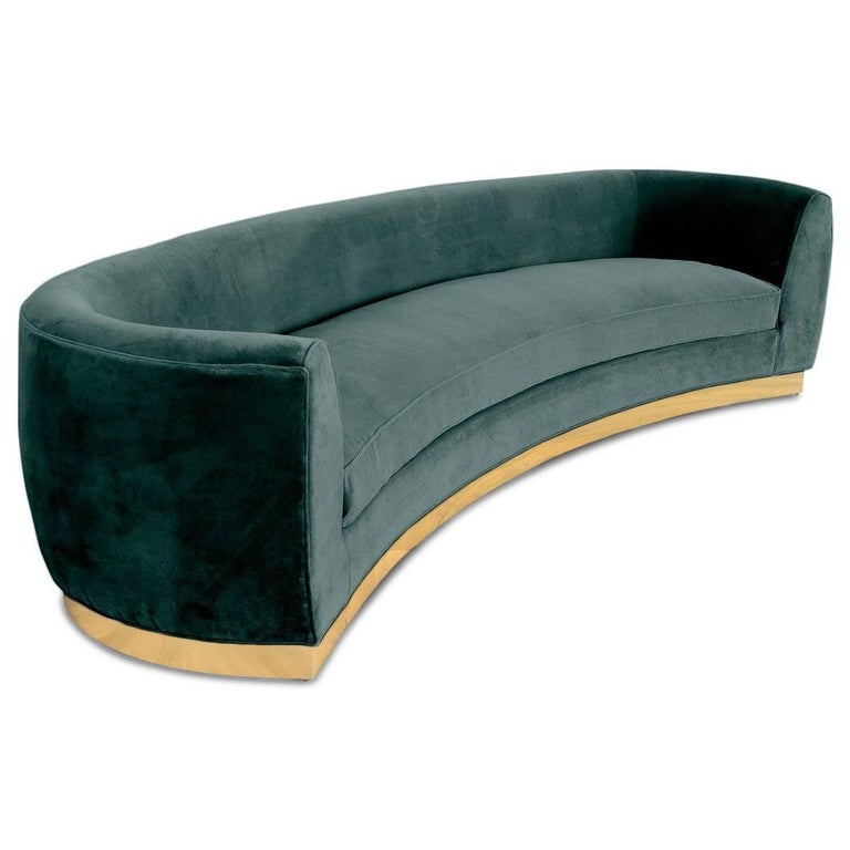 Art Deco Style Curved Sofa in Velvet Upholstery with Brass Toekick