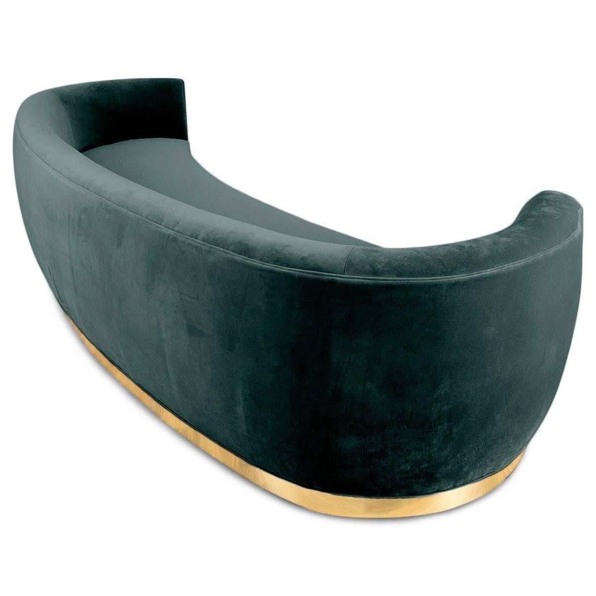 Art Deco Style Curved Sofa in Velvet Upholstery with Brass Toe-kick Base 10 foot For Sale 6