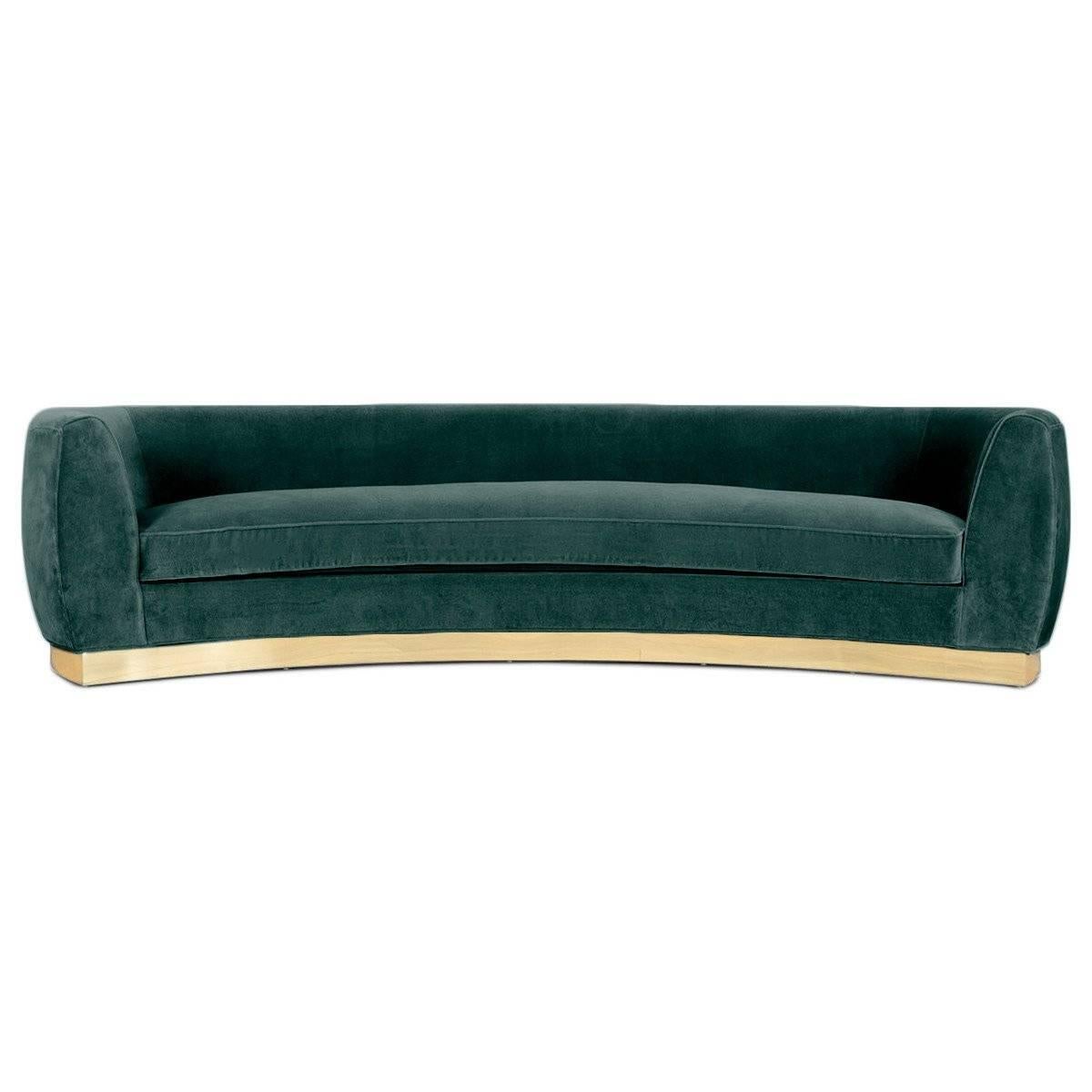 Art Deco Style Curved Sofa in Velvet Upholstery with Brass Toe-kick Base 10 foot For Sale 7