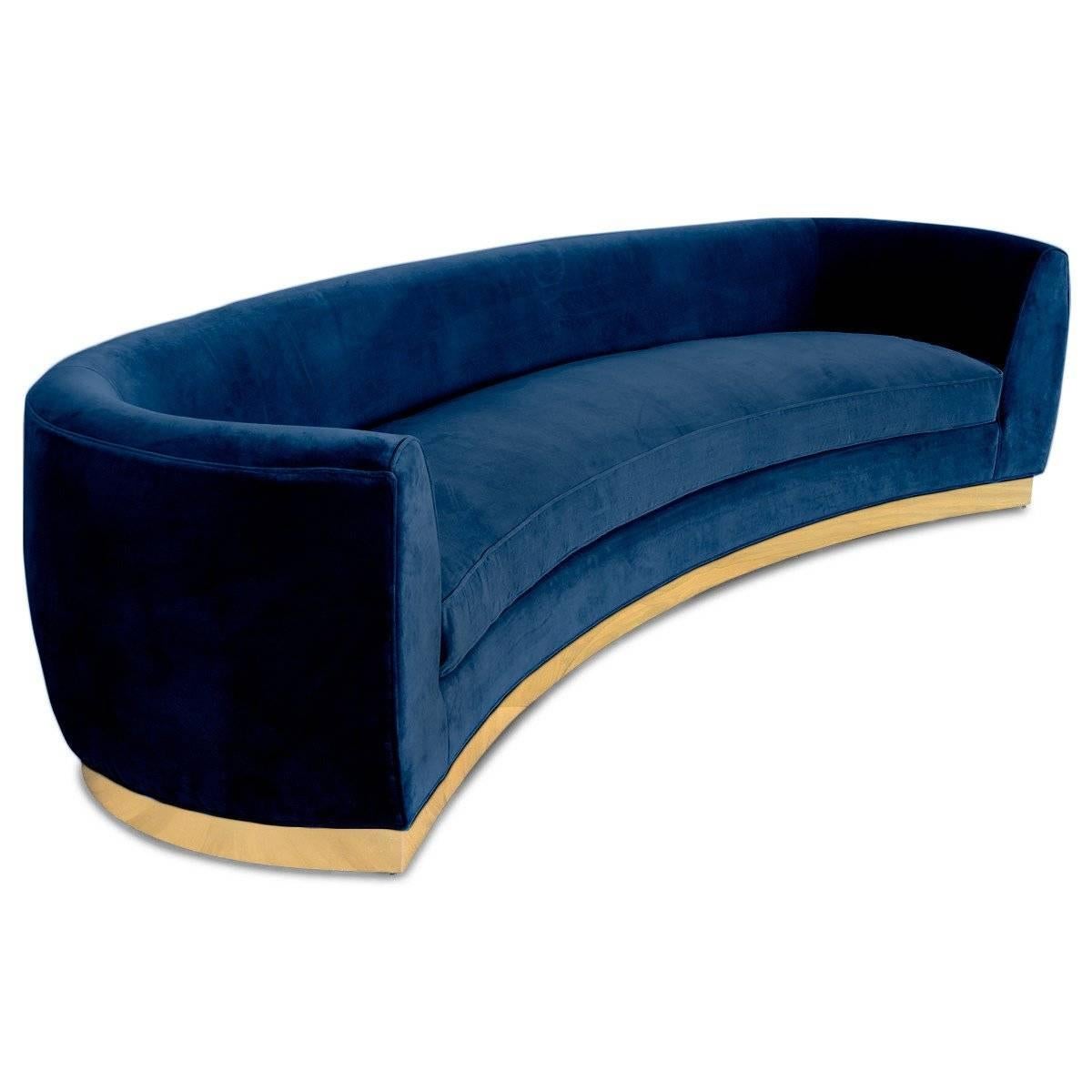 Art Deco Style Curved Sofa in Velvet Upholstery with Brass Toe-kick Base 10 foot For Sale 8