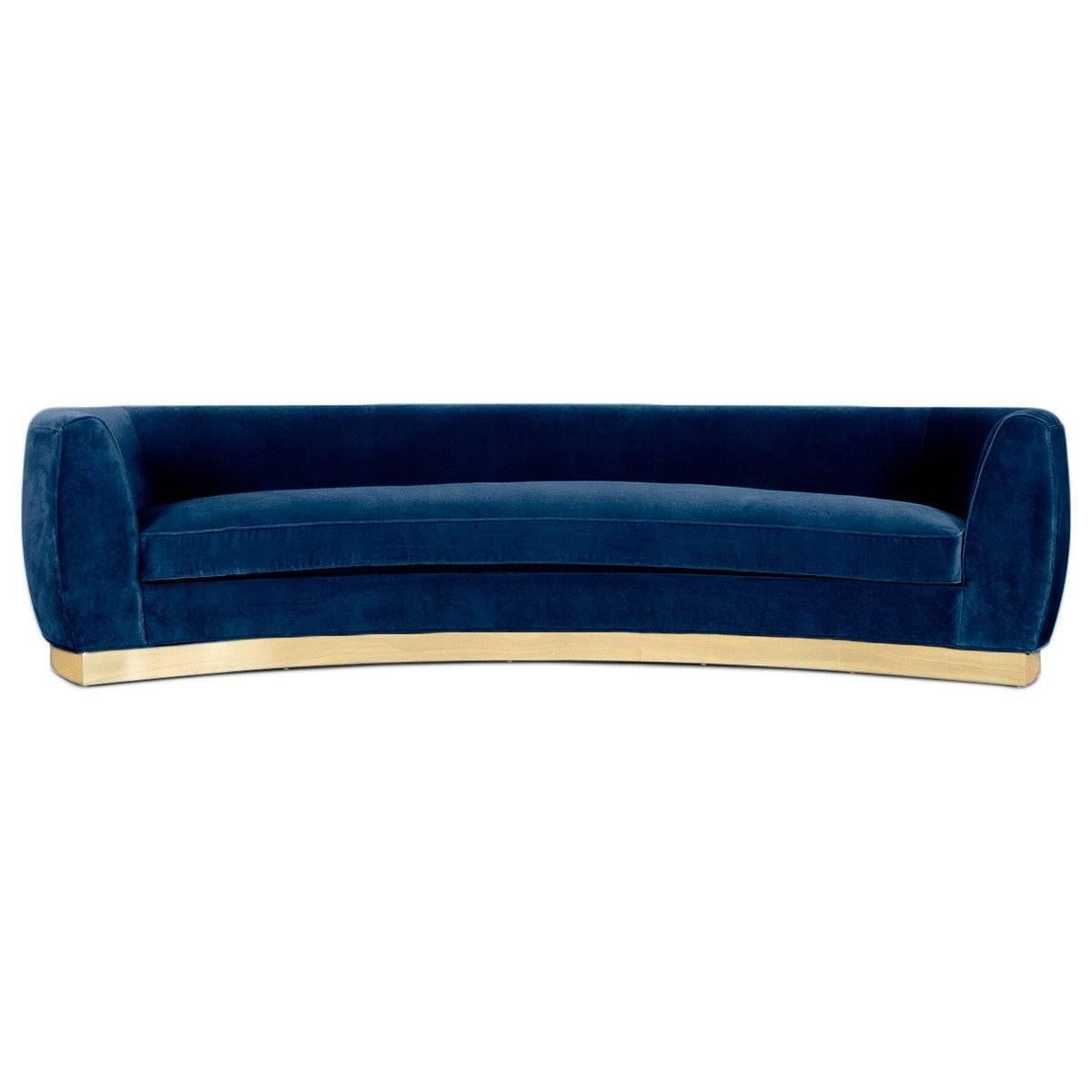Art Deco Style Curved Sofa in Velvet Upholstery with Brass Toe-kick Base 10 foot For Sale 10