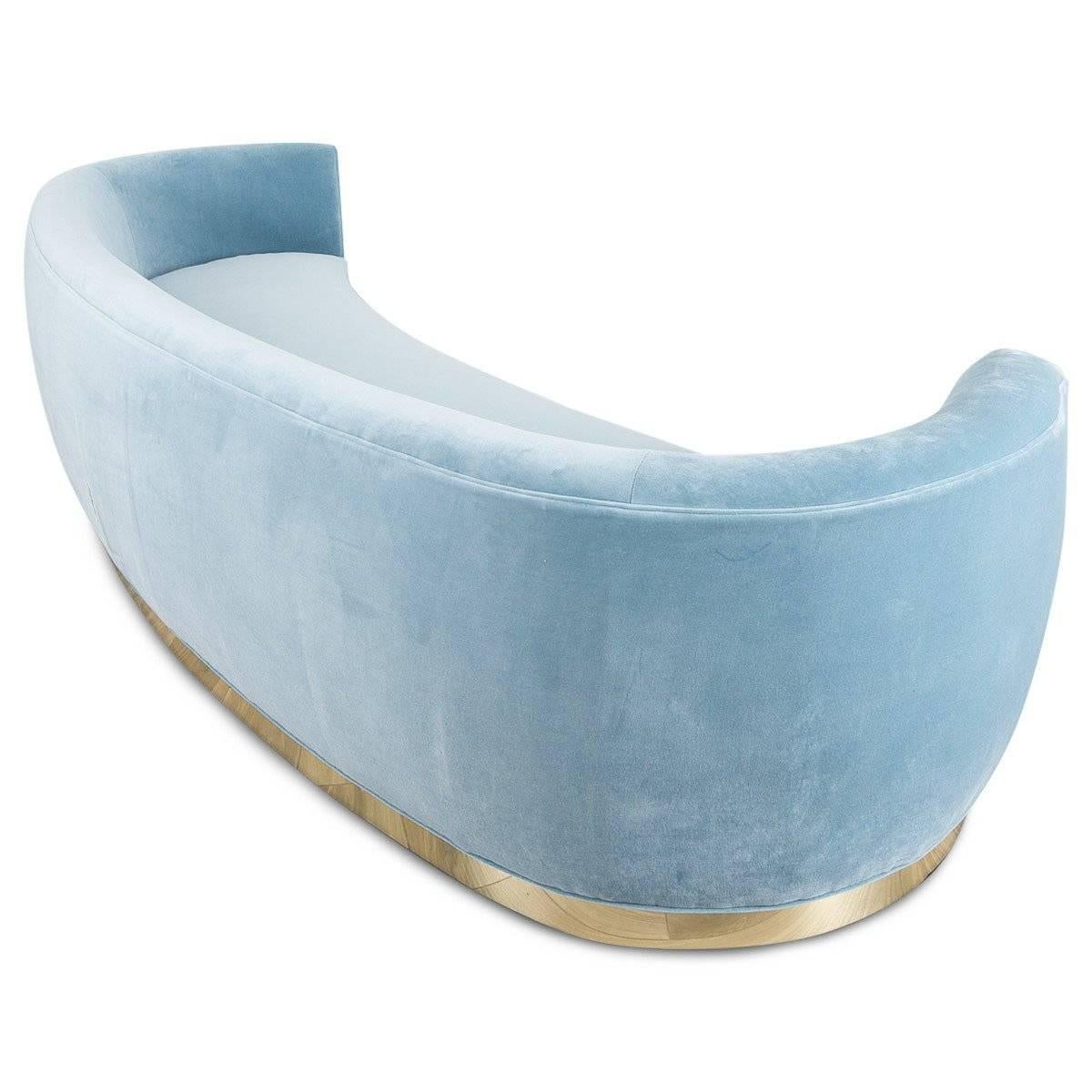 Mid-Century Modern Art Deco Style Curved Sofa in Velvet Upholstery with Brass Toe-kick Base 10 foot For Sale