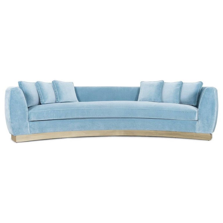 Art Deco Style Curved Sofa In Velvet Upholstery With Brass Toe