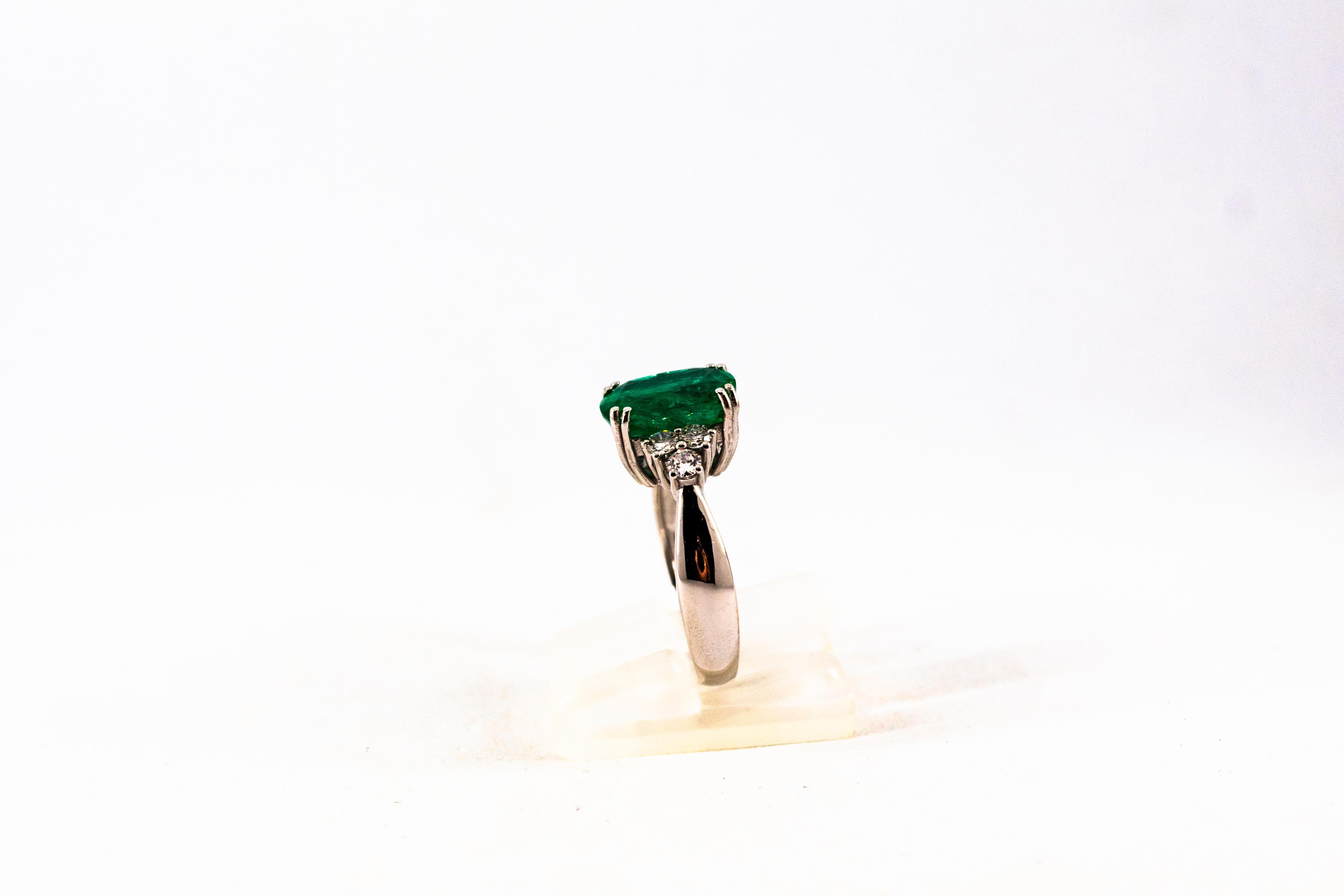 Art Deco Style Cushion Cut Emerald White Diamond White Gold Cocktail Ring 4