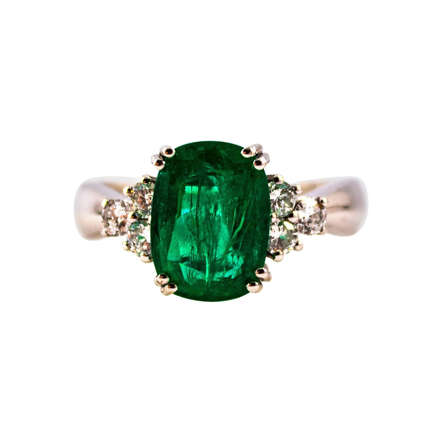 Art Deco Style Cushion Cut Emerald White Diamond White Gold Cocktail Ring