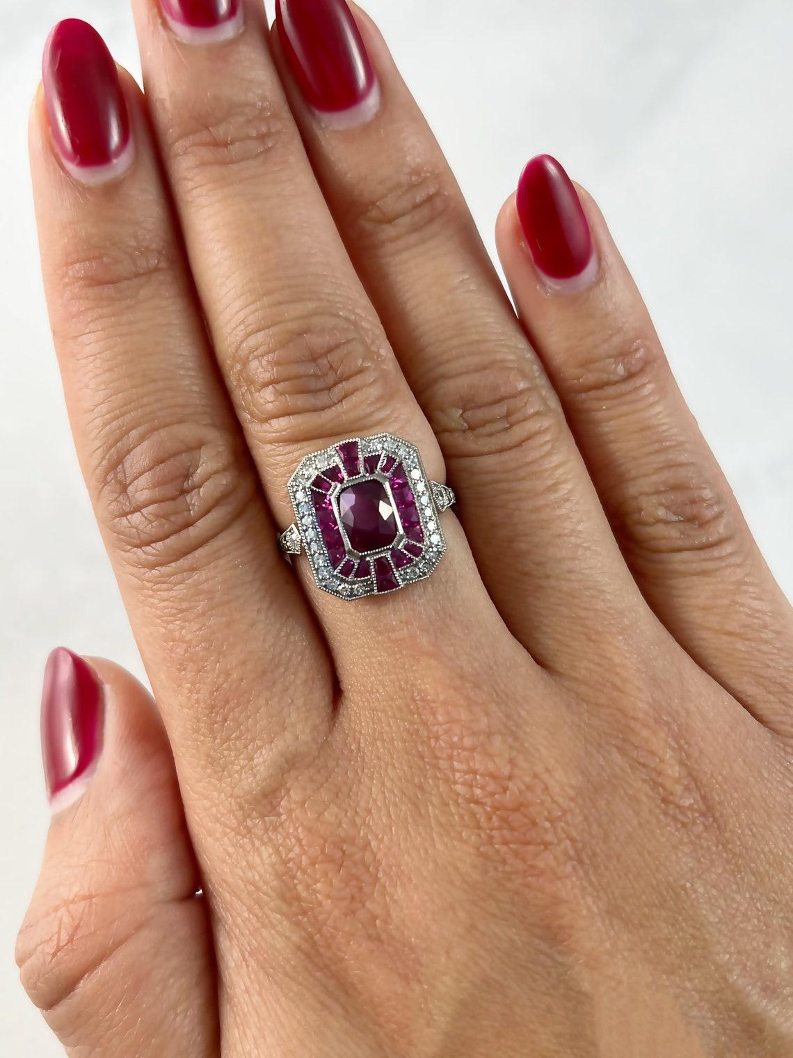 Art Deco Style Cushion GIA Certified 1.53 Ct Ruby Diamond 2.57 TCW Platinum Ring In New Condition In Los Angeles, CA