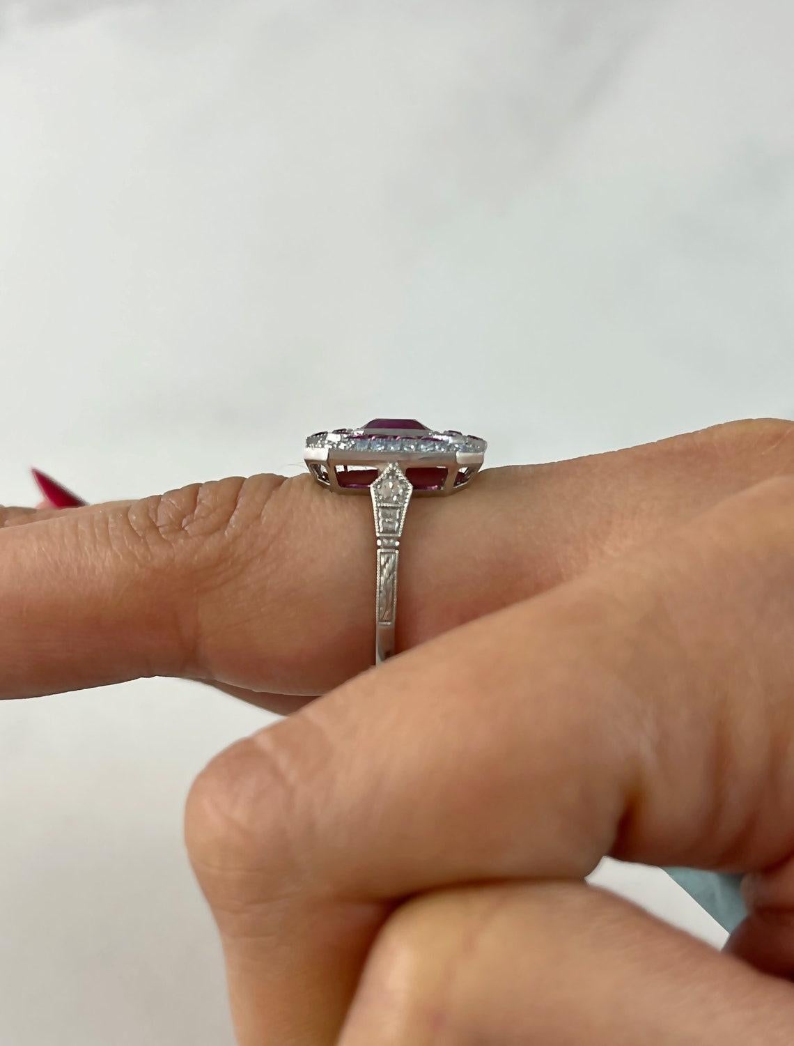 Art Deco Style Cushion GIA Certified 1.53 Ct Ruby Diamond 2.57 TCW Platinum Ring In New Condition In Los Angeles, CA