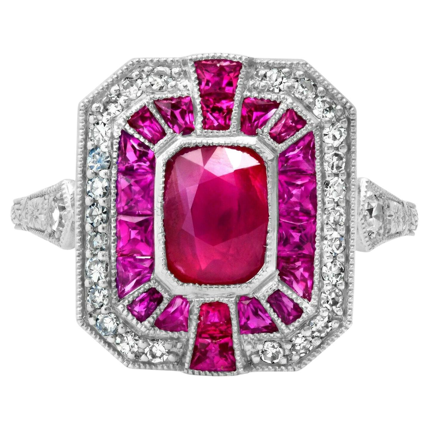 Art Deco Style Cushion GIA Certified 1.53 Ct Ruby Diamond 2.57 TCW Platinum Ring