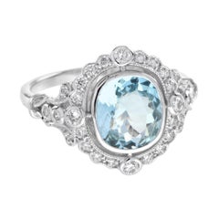 Art Deco Style Cushion Shape Aquamarine with Diamond Halo 18K White Gold Ring