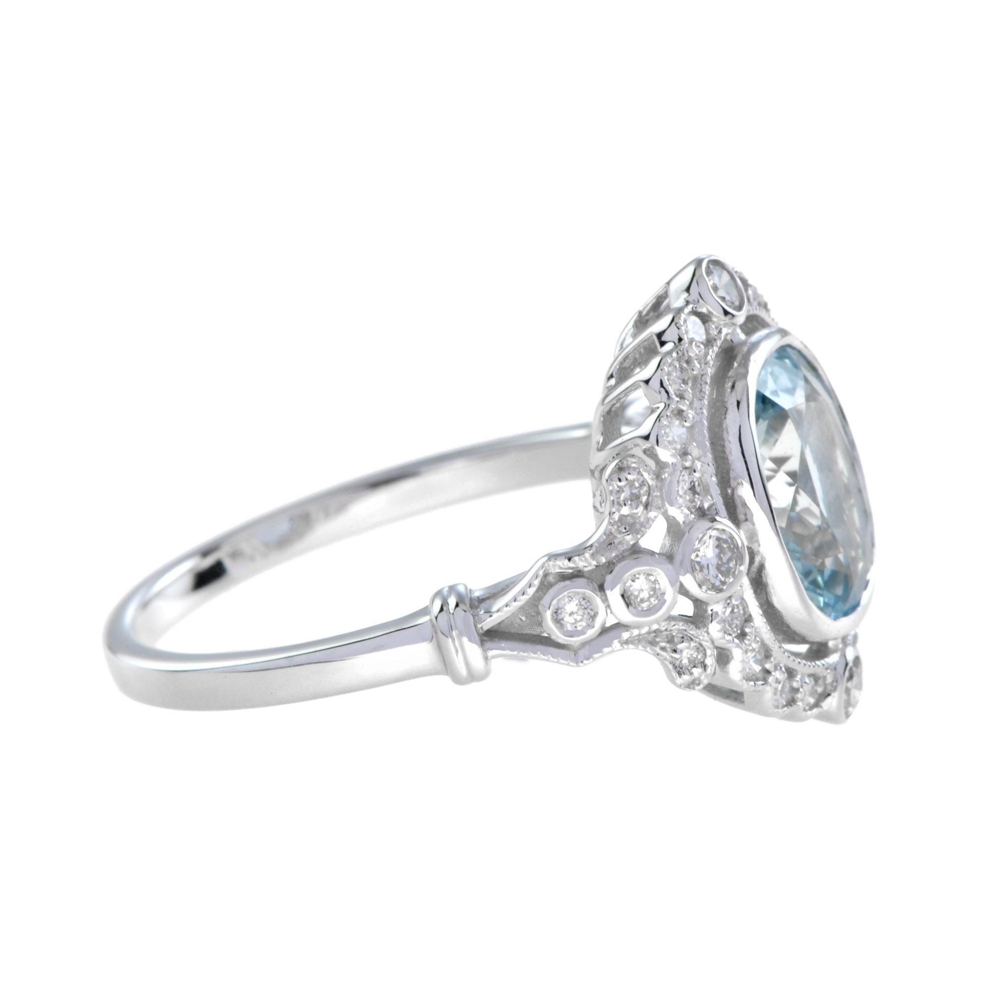 Art Deco Stil Kissen Form Aquamarin mit Diamant Halo 18K Weißgold Ring (Art déco) im Angebot