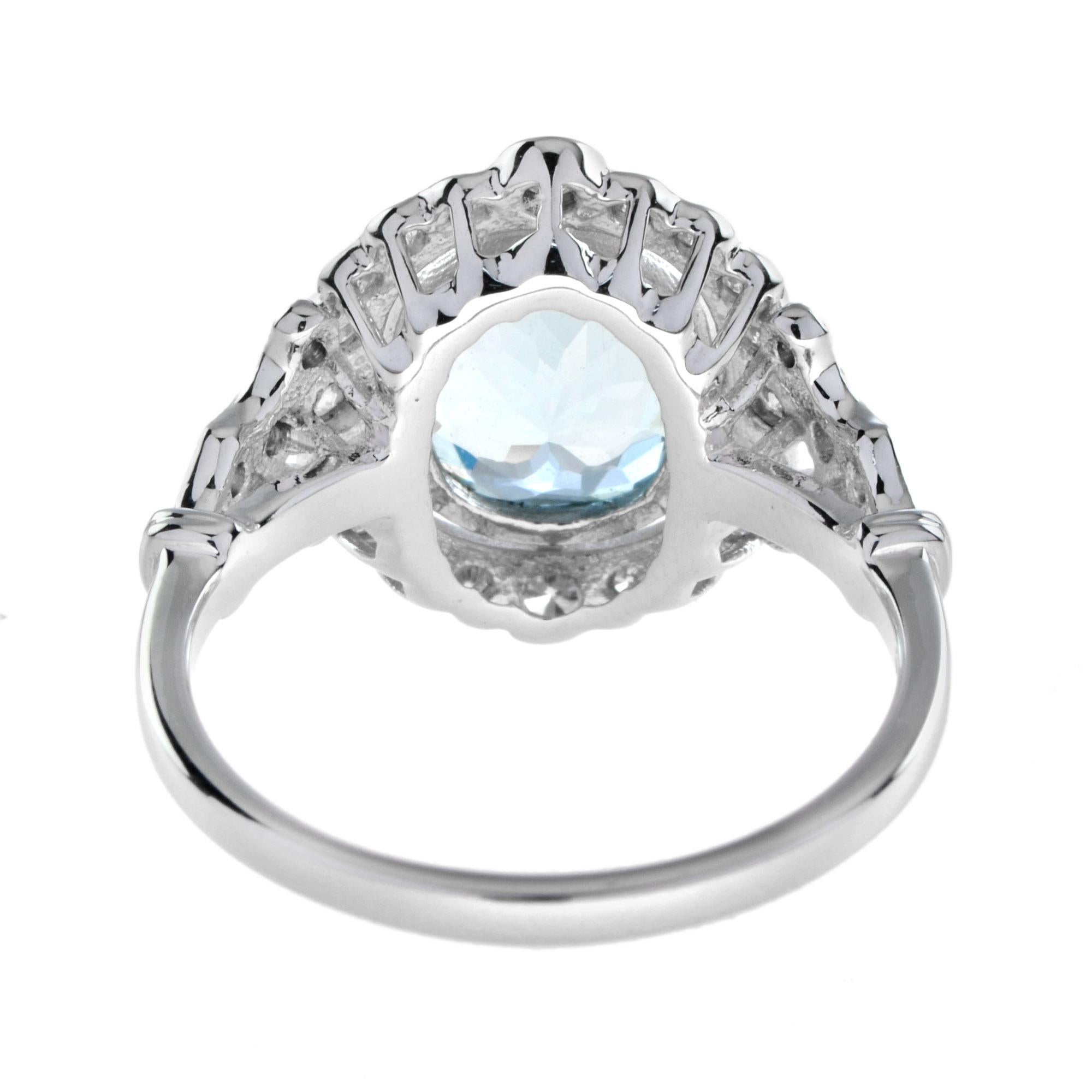 Art Deco Stil Kissen Form Aquamarin mit Diamant Halo 18K Weißgold Ring (Kissenschliff) im Angebot