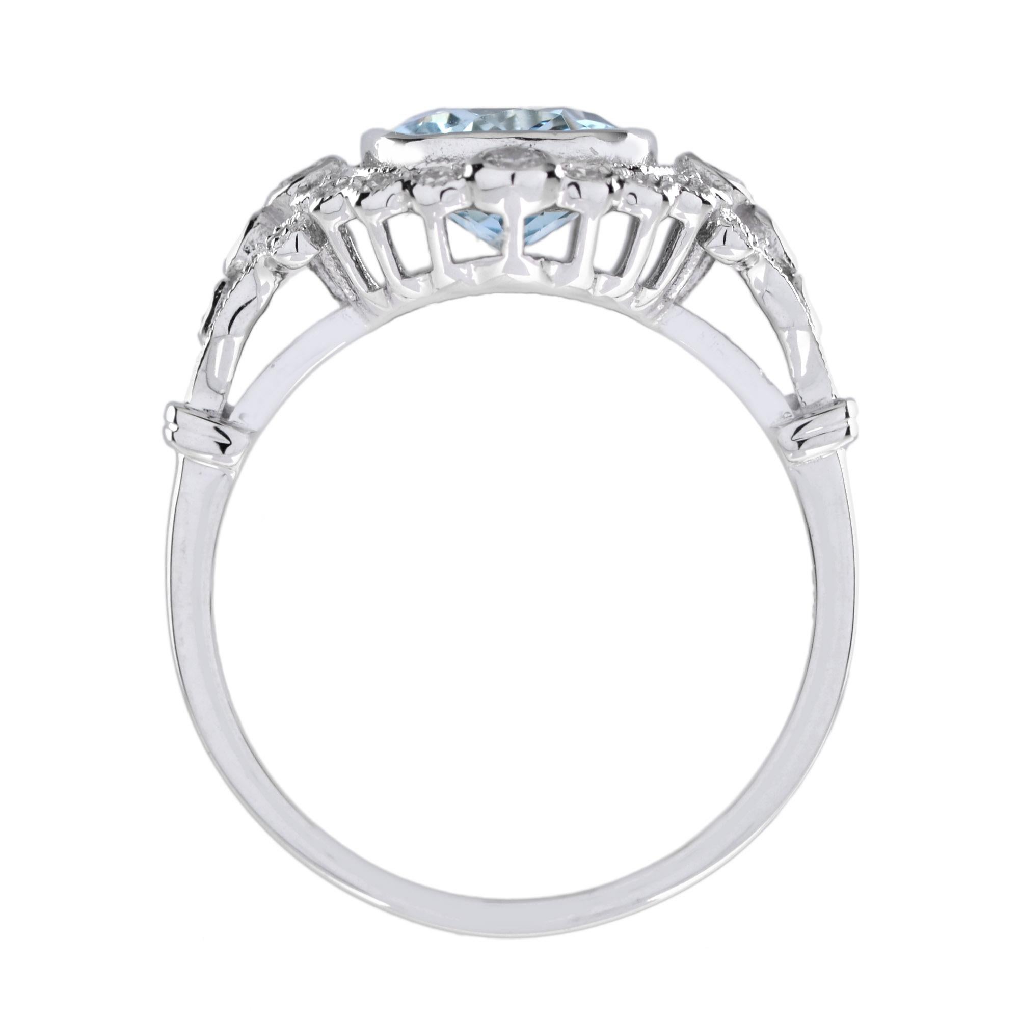 Art Deco Stil Kissen Form Aquamarin mit Diamant Halo 18K Weißgold Ring im Zustand „Neu“ im Angebot in Oakton, VA