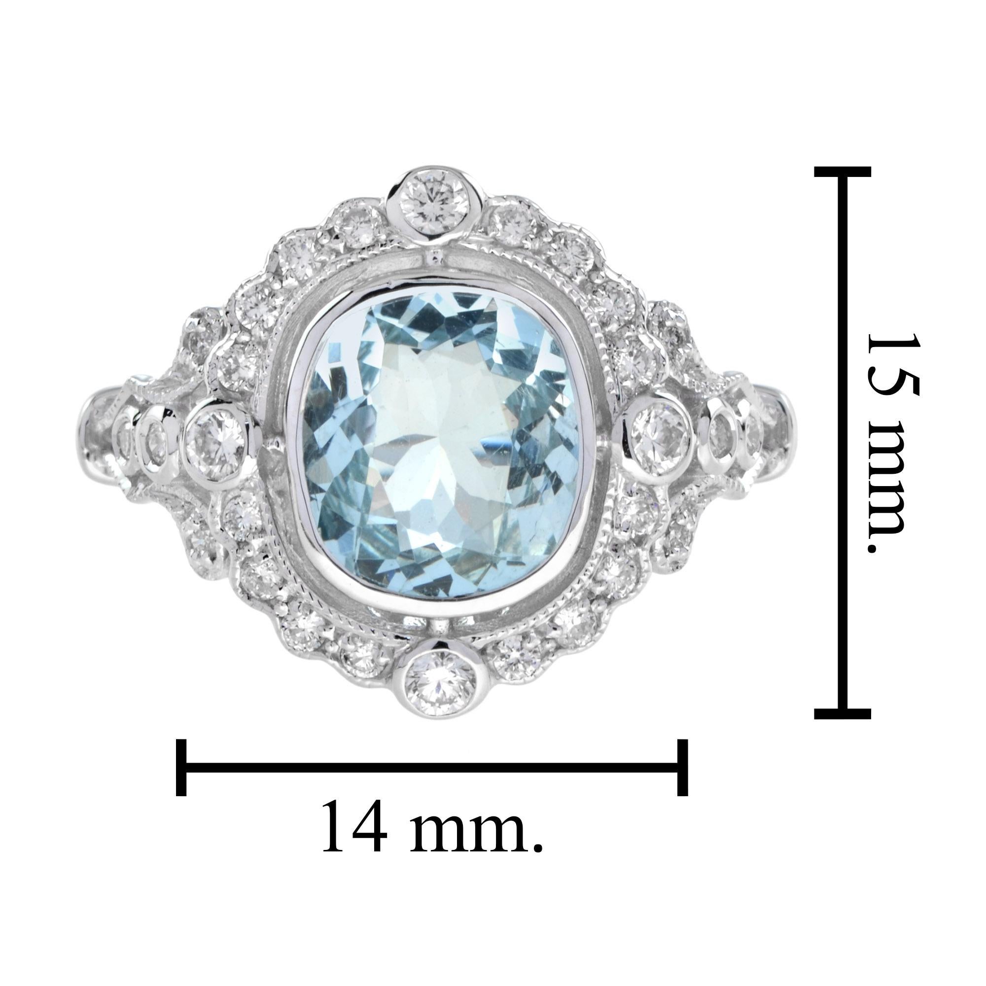 Art Deco Stil Kissen Form Aquamarin mit Diamant Halo 18K Weißgold Ring Damen im Angebot
