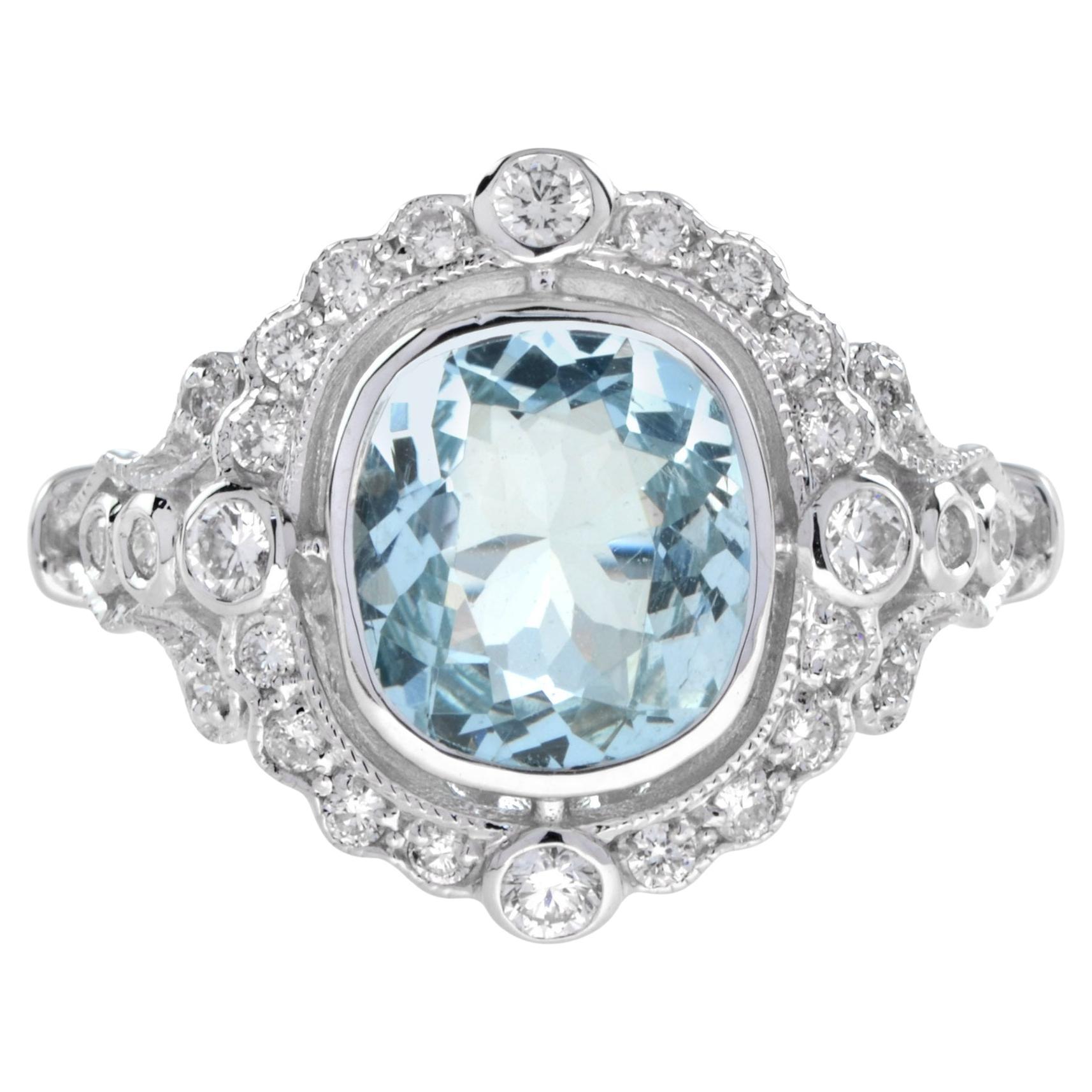 Art Deco Style Cushion Shape Aquamarine with Diamond Halo 18K White Gold Ring
