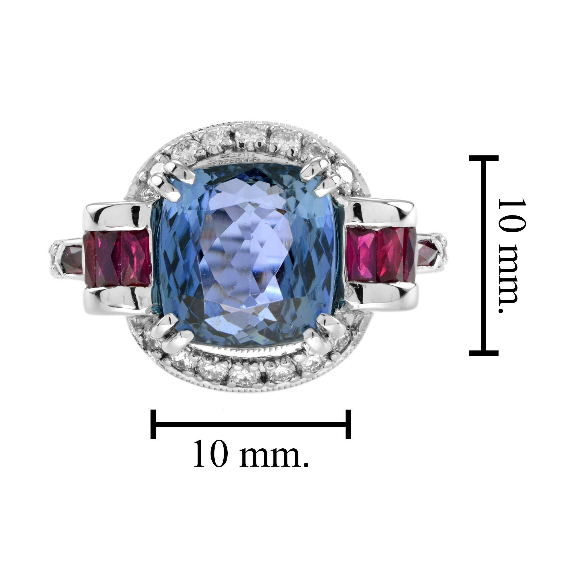 Cushion Cut Certified Tanzanite with Diamond and Ruby Art Deco Style Ring in 18K White Gold