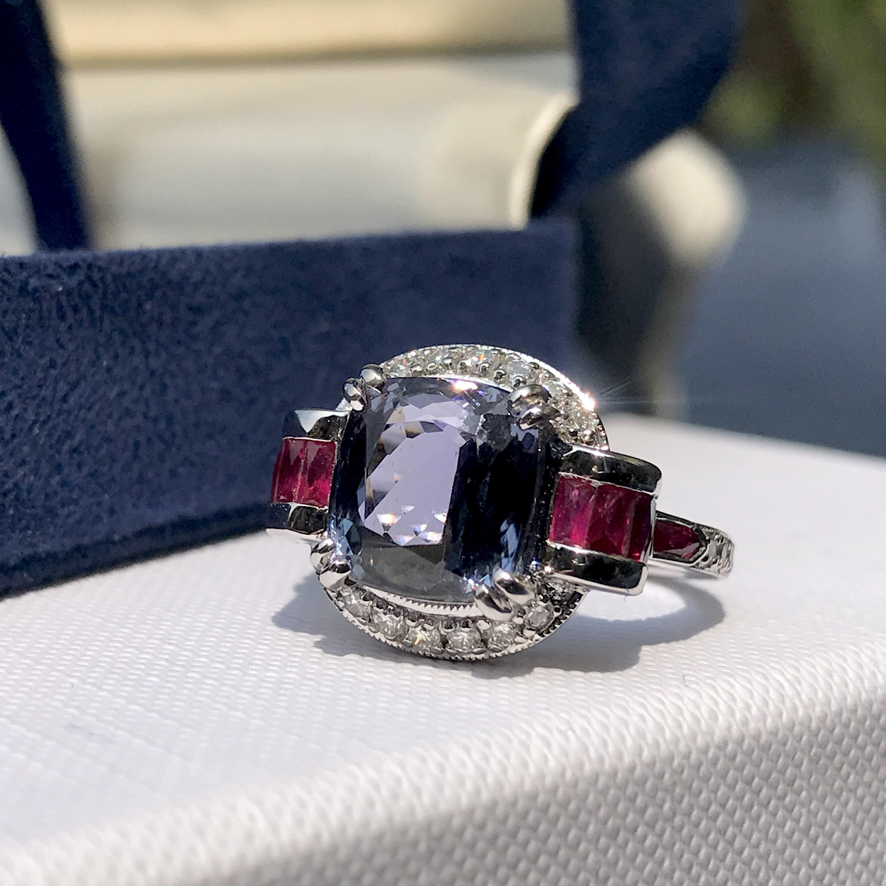 Certified Tanzanite with Diamond and Ruby Art Deco Style Ring in 18K White Gold In New Condition In Bangkok, TH