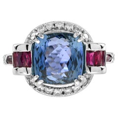 Certified Tanzanite with Diamond and Ruby Art Deco Style Ring in 18K White Gold