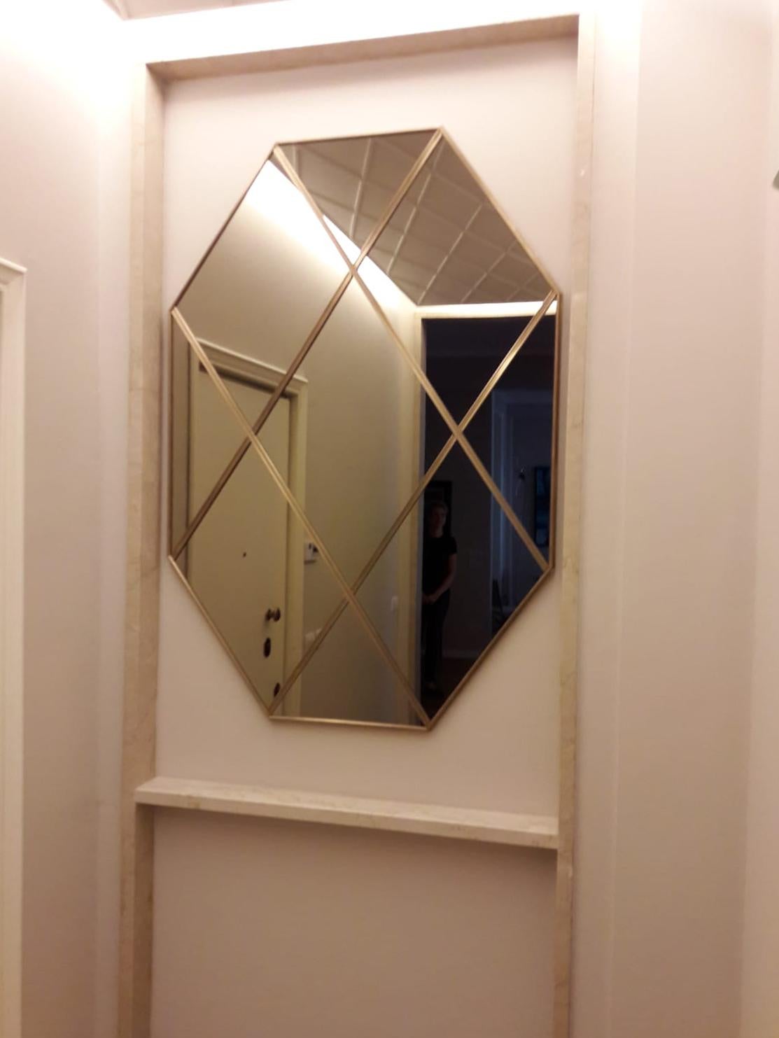 Art Deco Style Customizable Octagonal Brass Window Look Bronze Mirror 110x160 cm For Sale 4