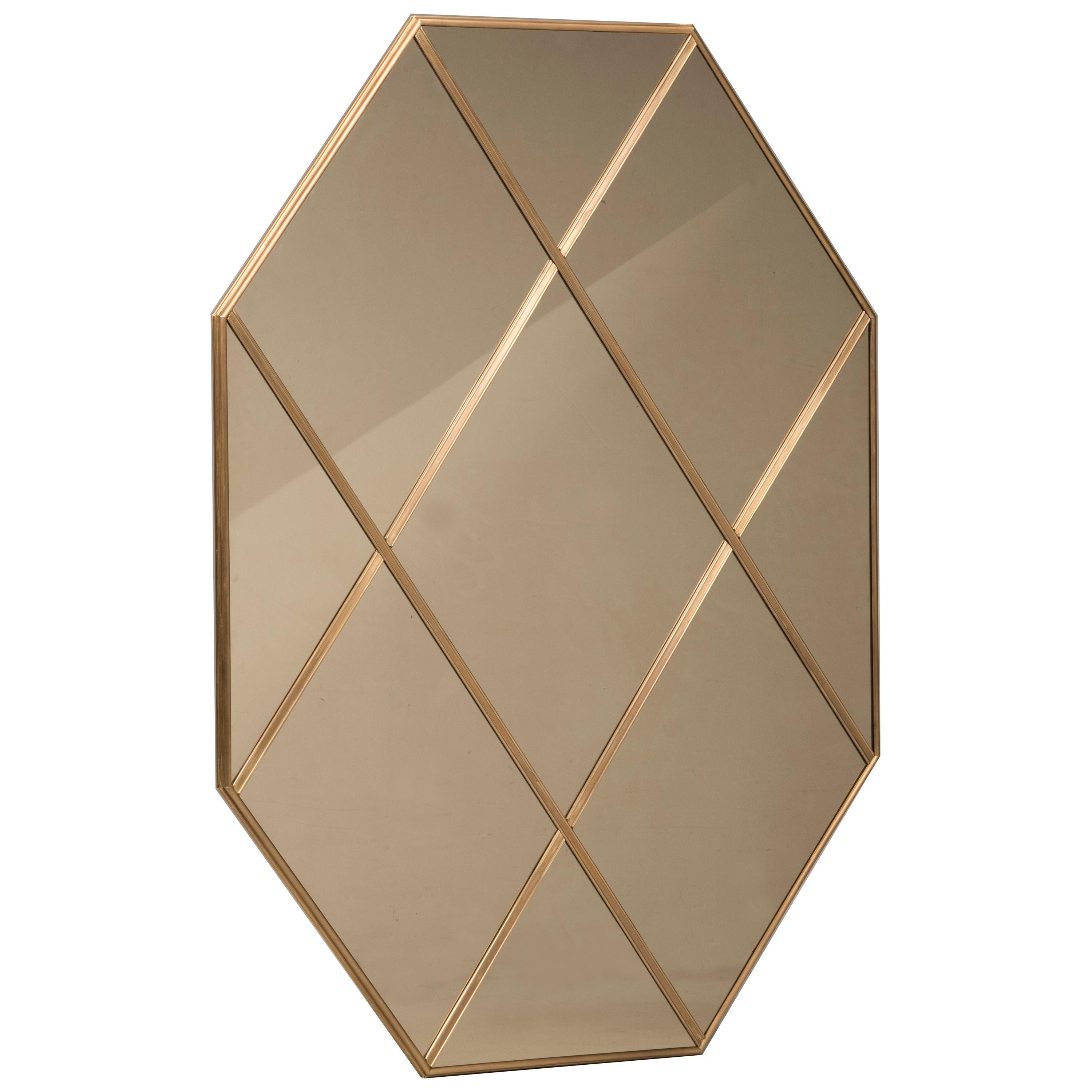 Art Deco Style Customizable Octagonal Brass Window Look Bronze Mirror 110x160 cm For Sale