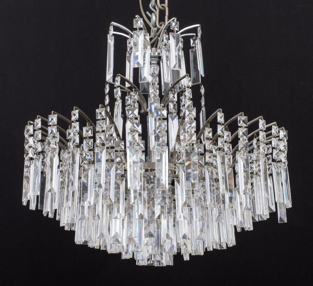 Art Deco Style Cut-Crystal Circular Chandelier, with rectangular drop crystals and chrome-plated frame. 20