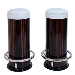 Art Deco Style Cylindrical bar Stools in Macassar and Leather with Chromed Metal